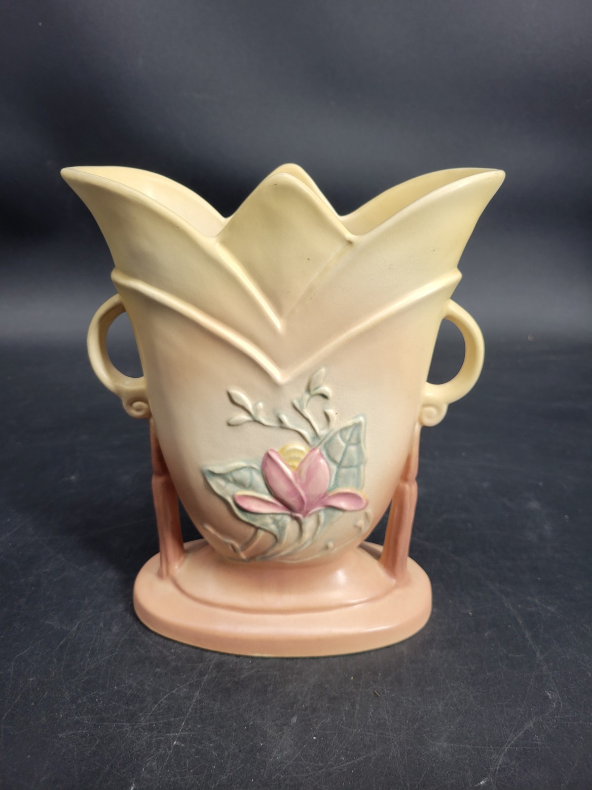 Vintage Hull Art Pottery Magnolia Pattern Double-Handled Vase Marked 7-8 1/2