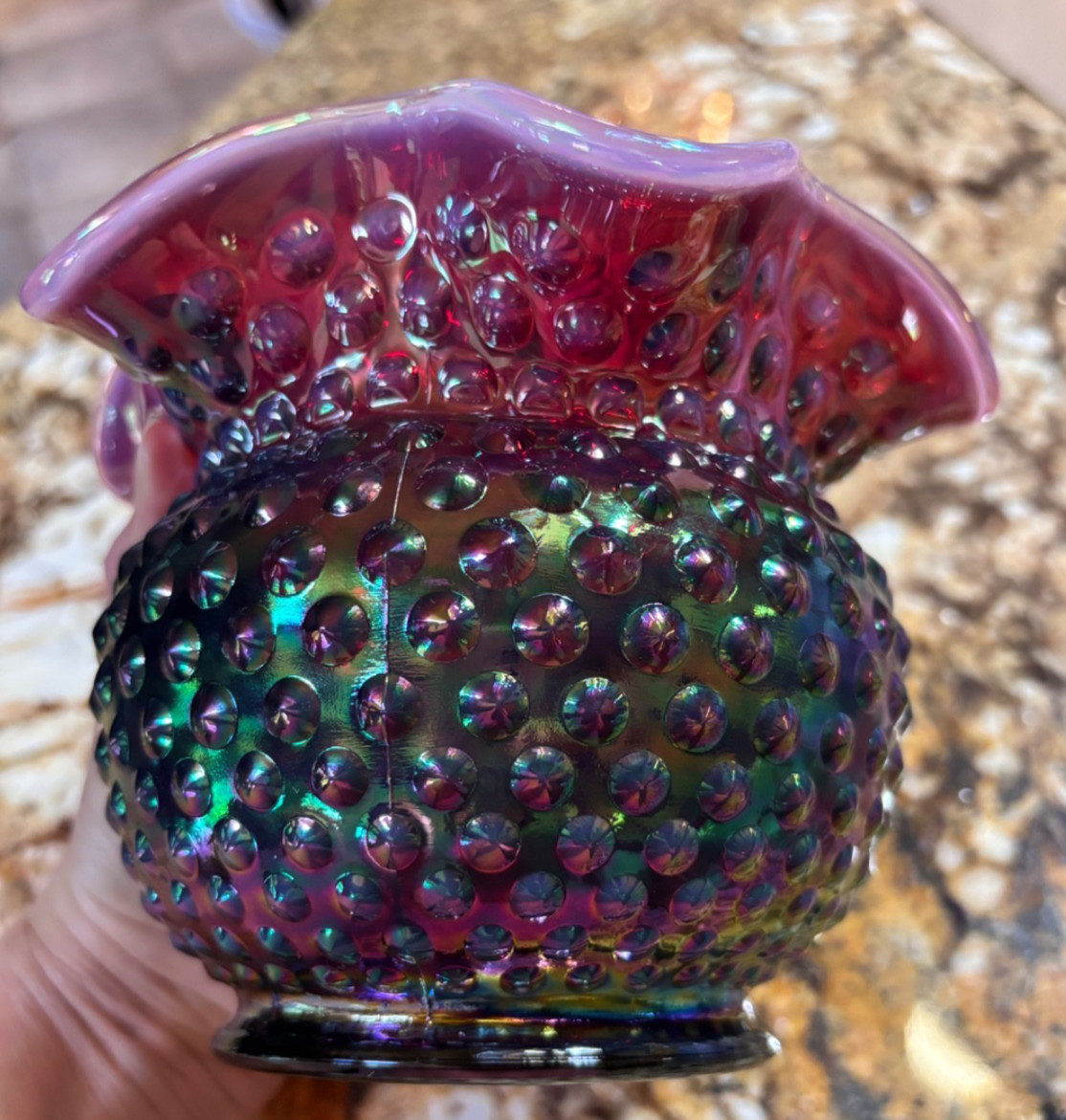 Fenton Plum Opalescent Hobnail Carnival Glass Vase Votive Candle Light