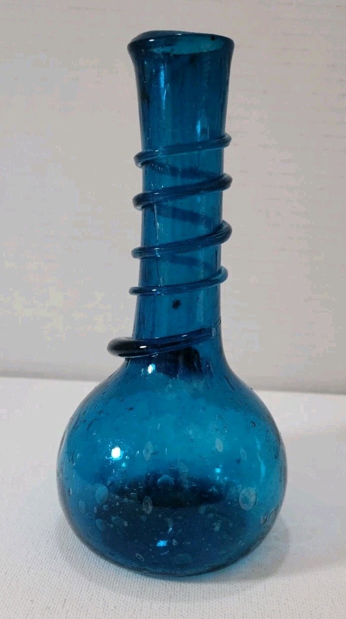 VTG Turquoise Art Glass Vase Egyptian Handblown Bud Vase w Applied Accents