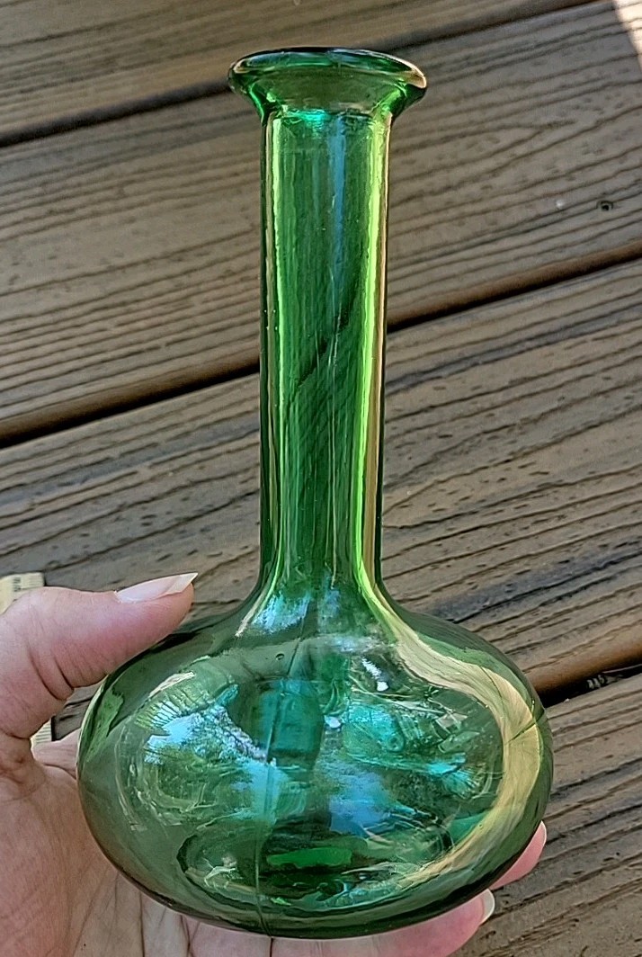 Vintage Norleans Green Glass Genie Bottle Vase Decanter 6” W/ Sticker No Stopper