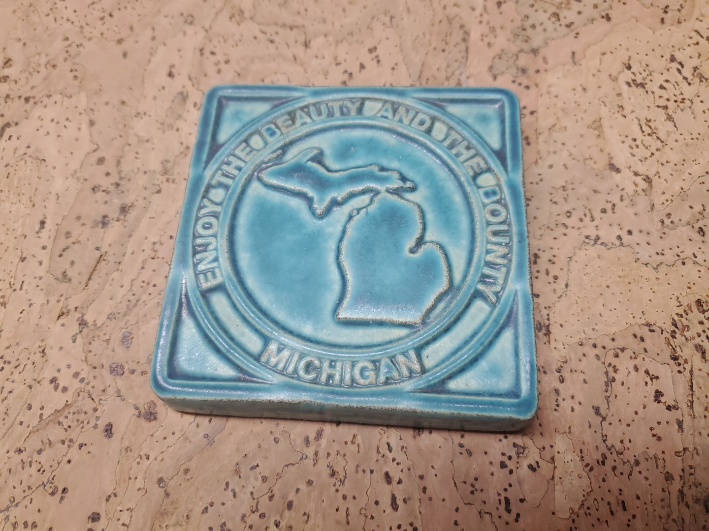 PEWABIC DETROIT MICHIGAN Decorative Tile Blue/Green 3.75″ 2007