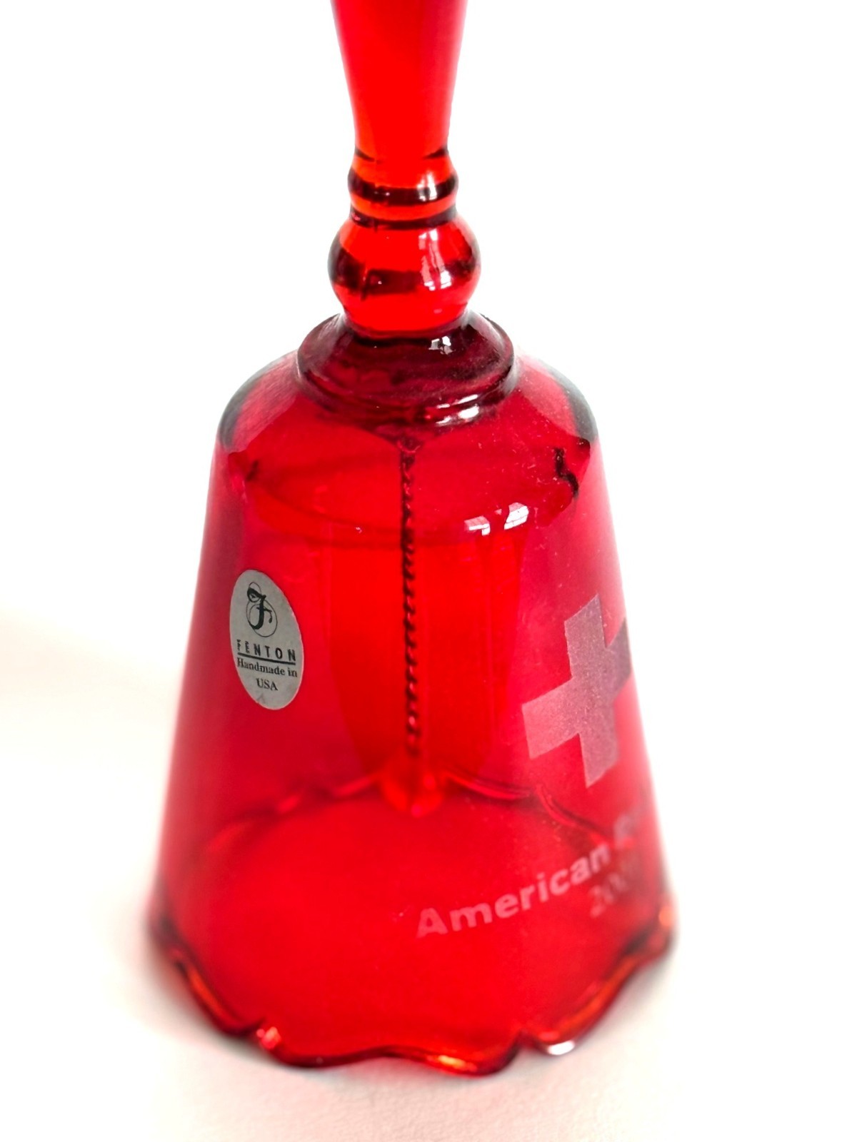 Fenton Handmade Red Glass Bell American Red Cross 2001 Etched Rim Vintage USA Ra