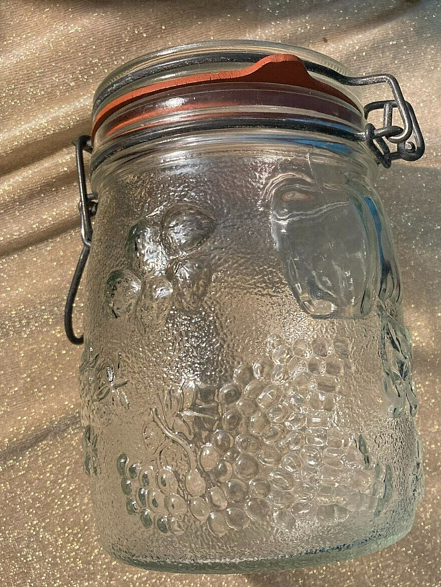 Vintage Clear Glass Decorated Jar/Canister w/ Fruit Pattern w/Original Seal-4×6″