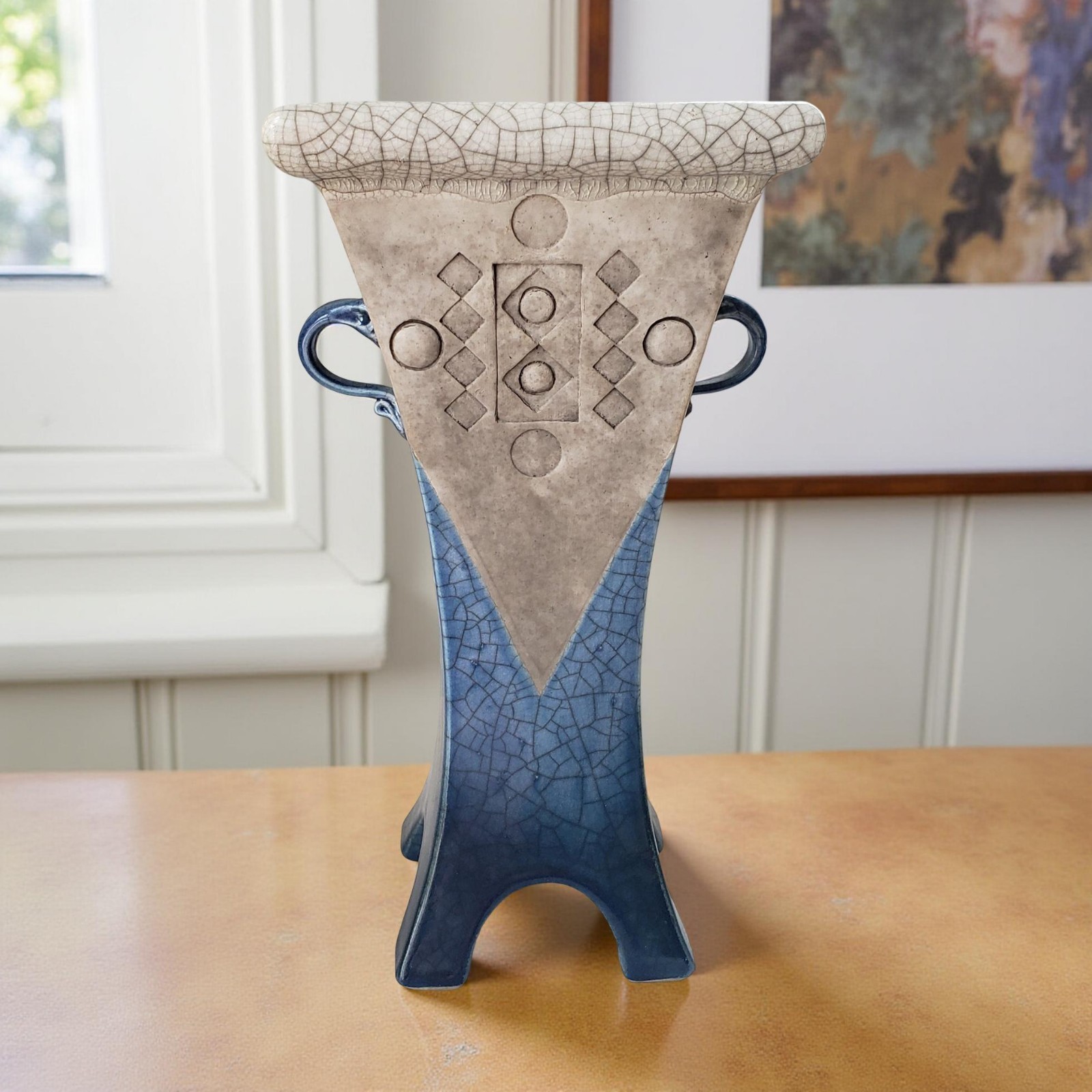 Phil Chapman Art Raku Pottery Footed Vase Blue White Crackle Sculptural 2003
