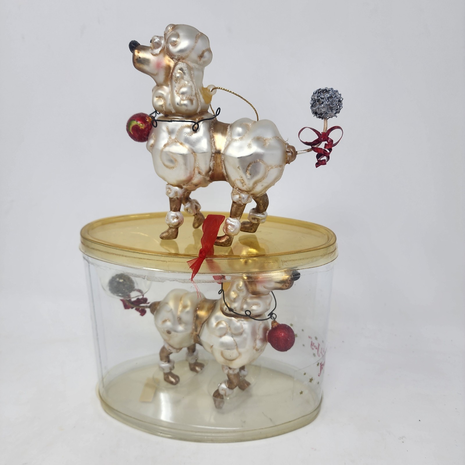 Lot of 2 French Poodle Christmas Ornament Blown Glass White Gold Fancy Dog