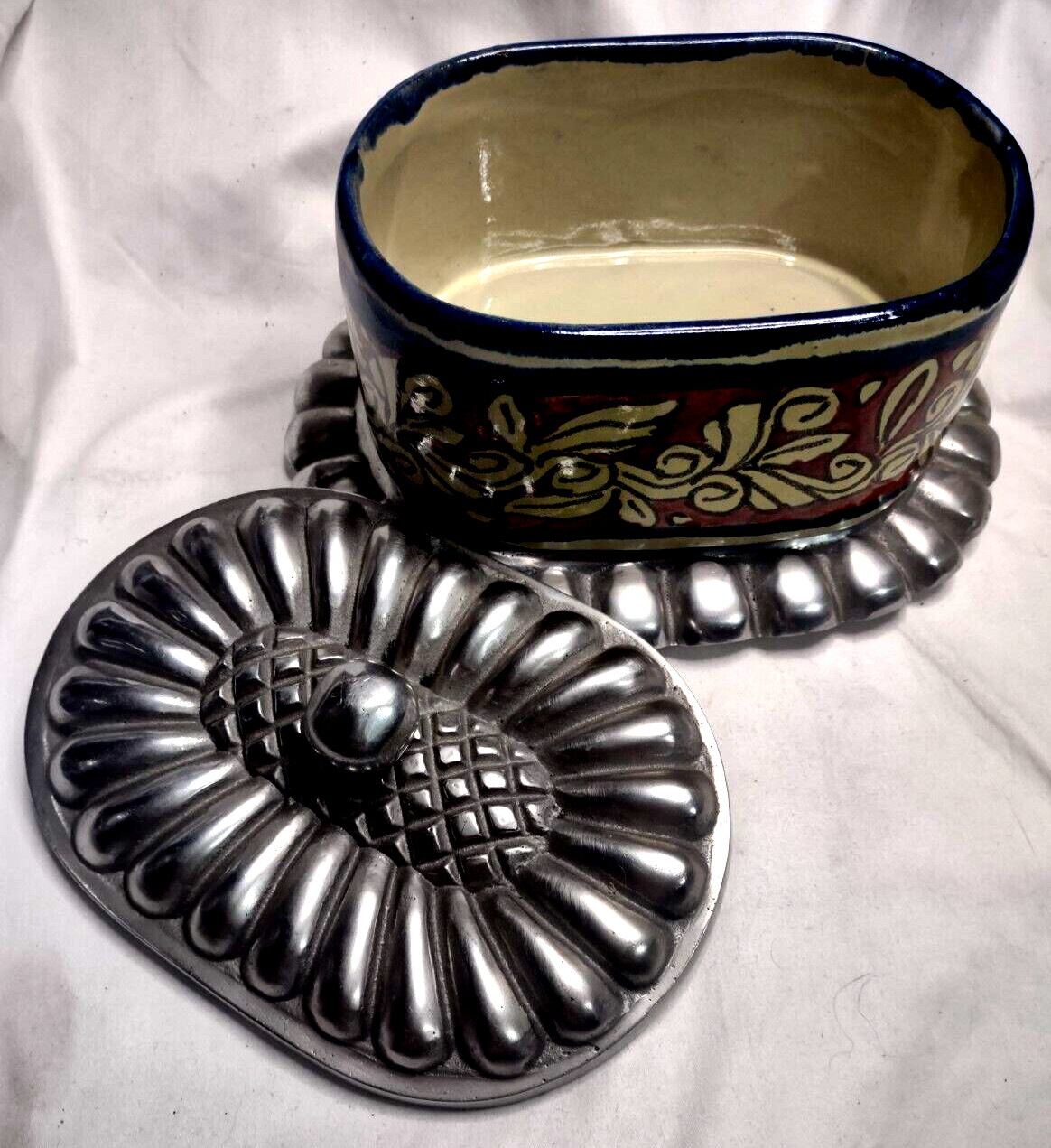 VTG Ceramic Decorative Server Casket Shape Aluminum Lid & Base Mexico Signed