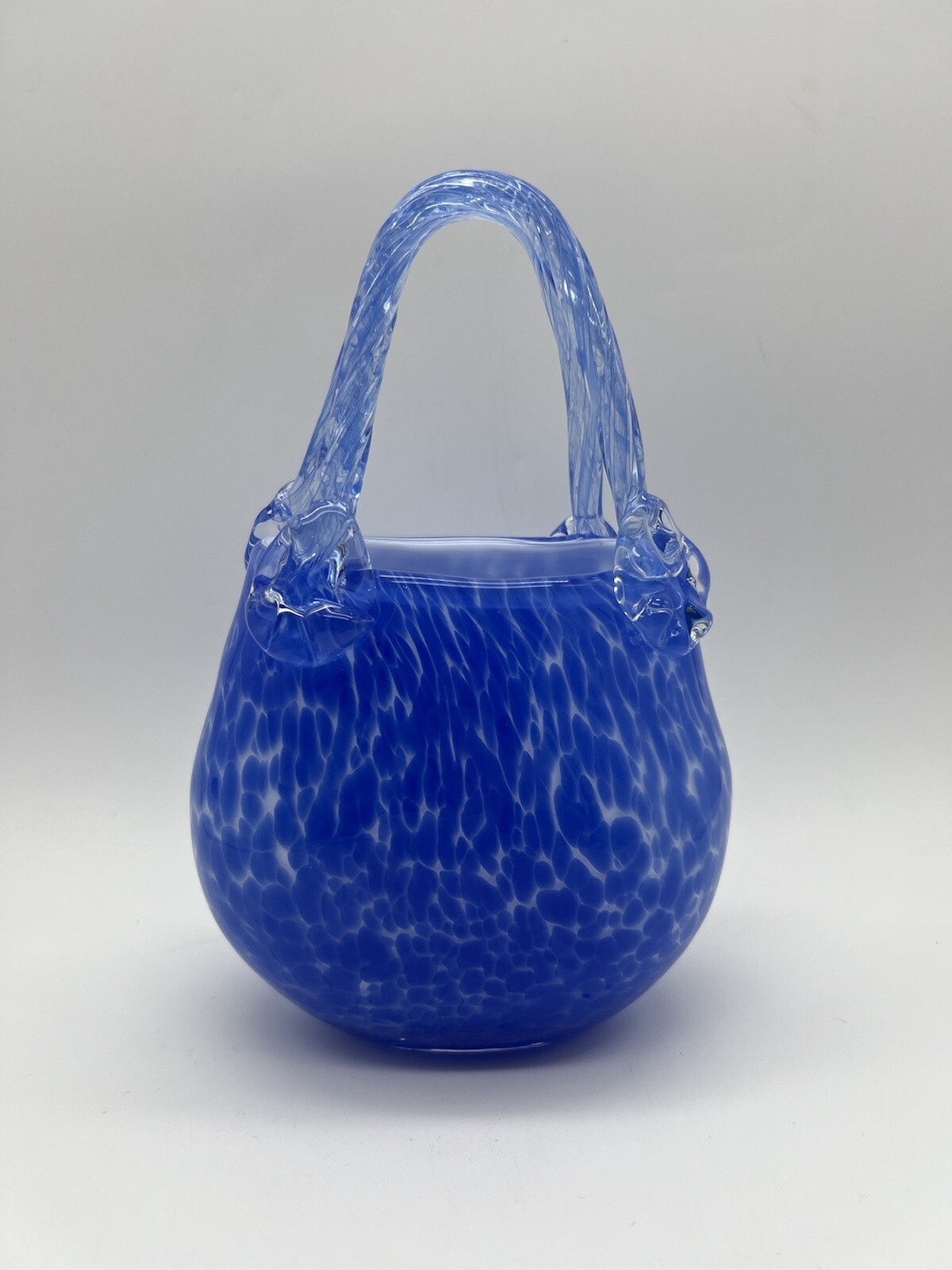 Lauren Hand Cut Mouth Blown Crystal Glass Blue and White Handbag Vase 8″ T