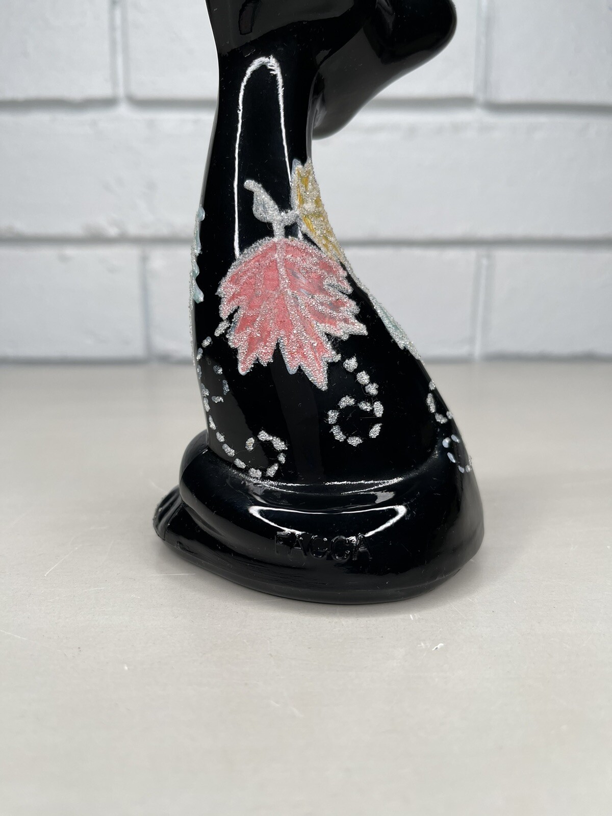 Fenton FAGCA Glass Black Happy Cat Fall Autumn Leaf Hand Painted Marilyn Wagner