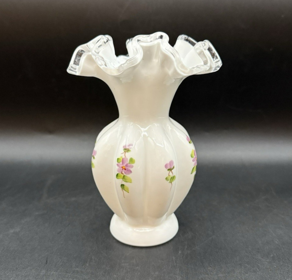 Fenton Silver Crest Ruffled Hand Painted Violets in the Snow 6″ Vase