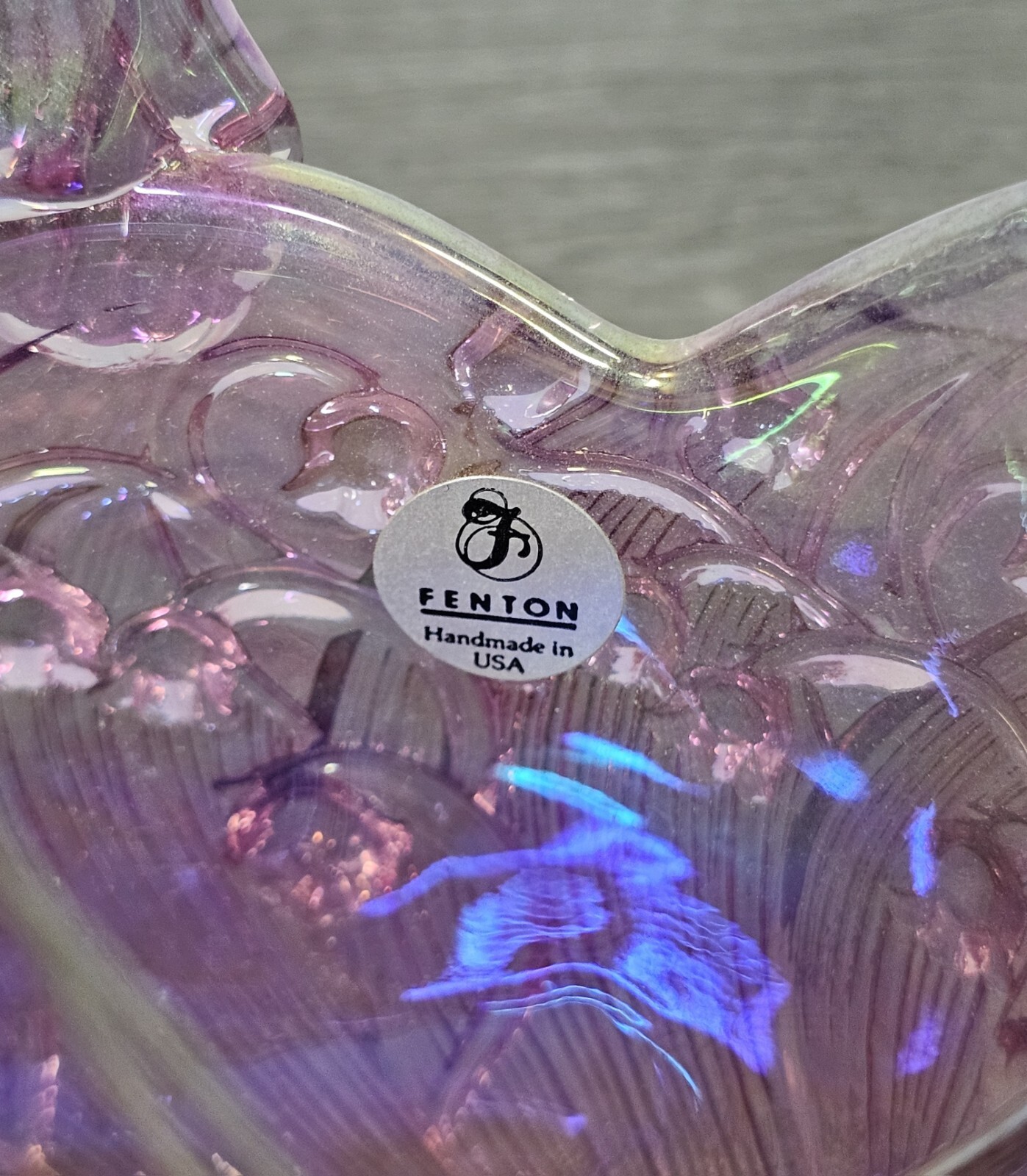 FENTON ART GLASS Co. USA: PINK Iridescent LILY OF THE VALLEY 7 1/2″ Basket w/tag