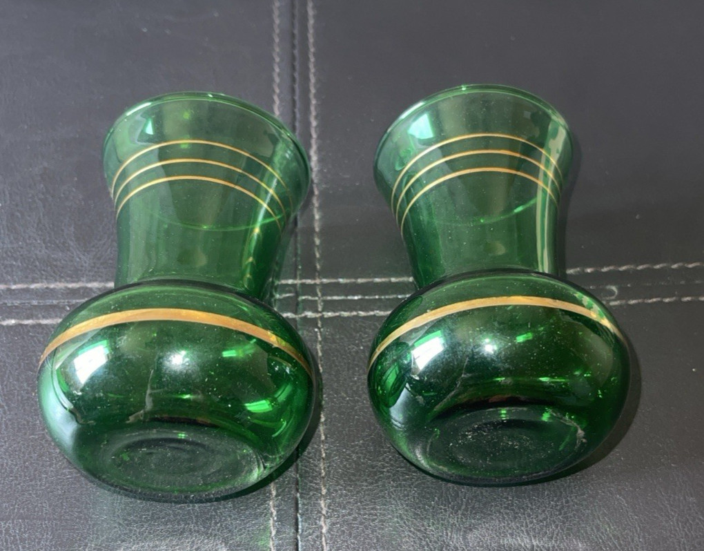 NIB NOS Anchor Hocking Forest Green Glass Flared Bulb Vase w/ Gold Gilding 3.50”