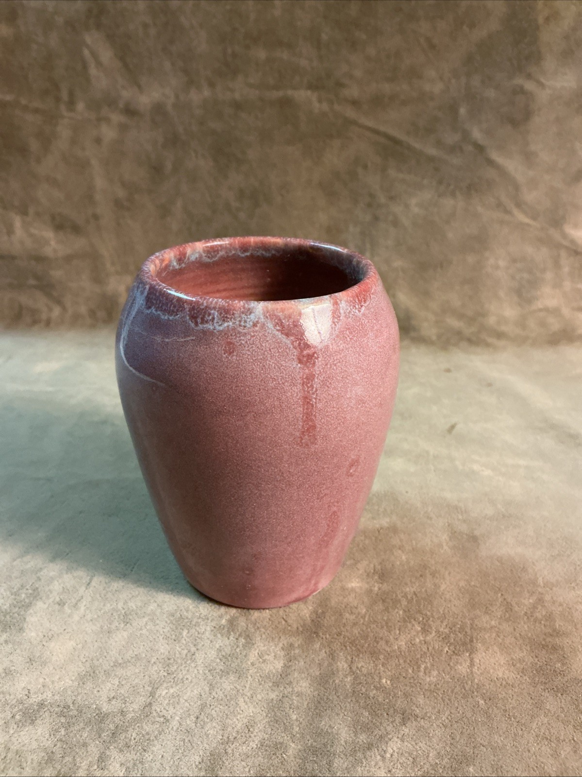 Antique handmade art pottery vase circa 1920 blue purple glaze POLHEMUS