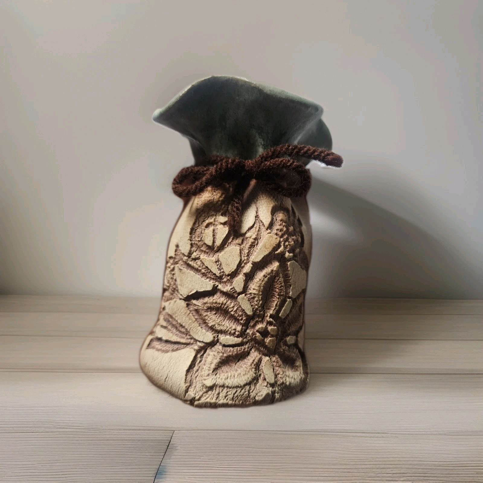Blue Heron Pottery Bud Vase Floral Impressed/Ruffled Wrap/Buttons/Unique Signed