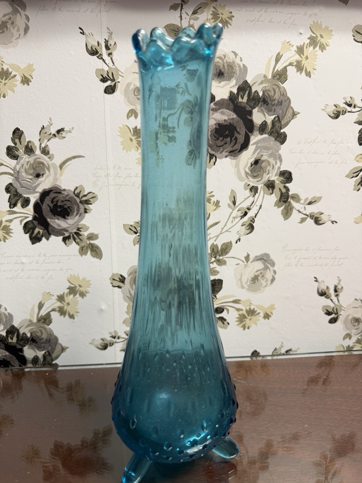 Vintage MCM L.E. Smith Aqua Blue Three Toe Hobnail Swung Glass Vase 12″