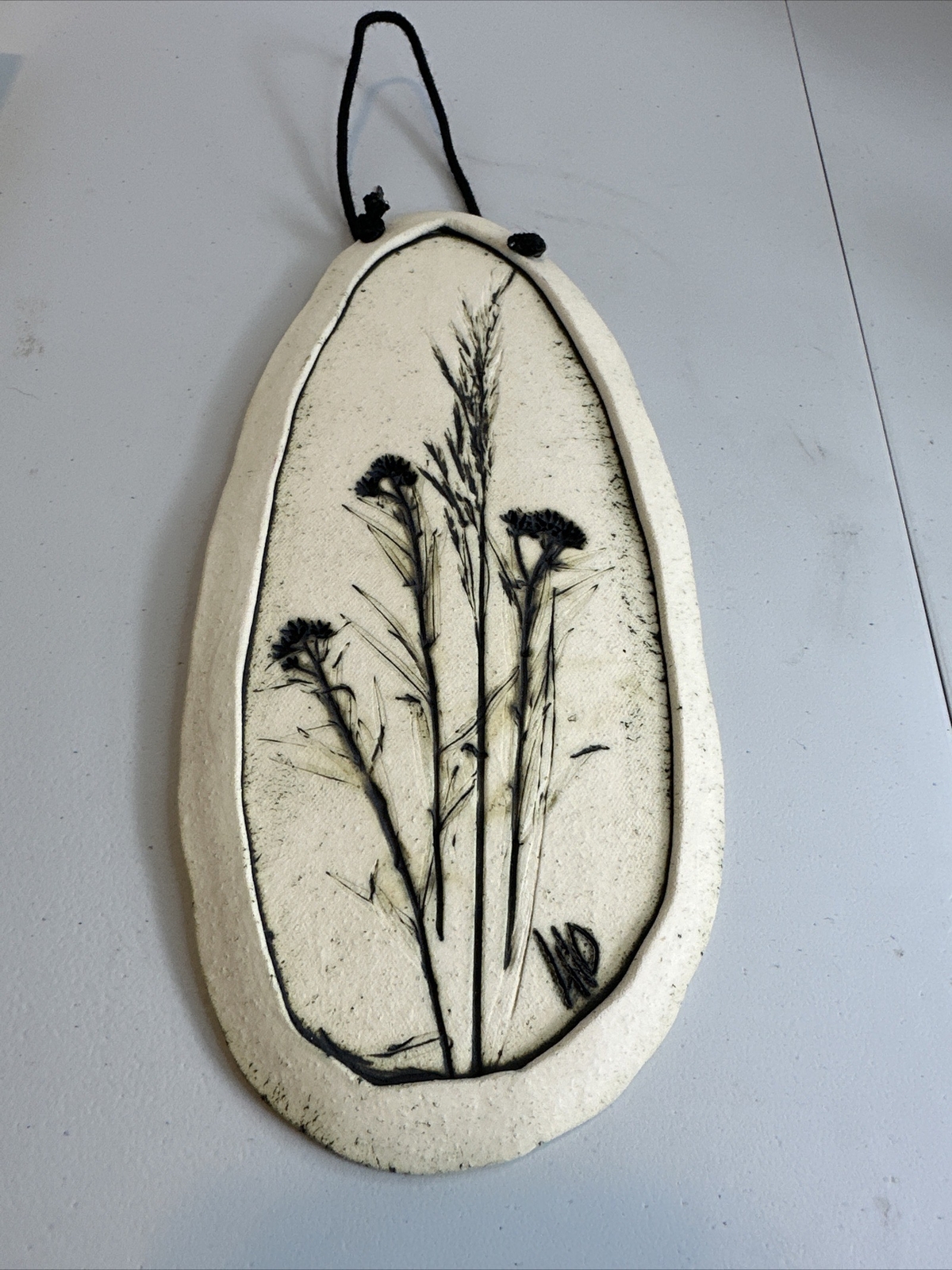 Handmade Pottery Botanical Impression Wall Hanging Plaque Vintage 10” Signed