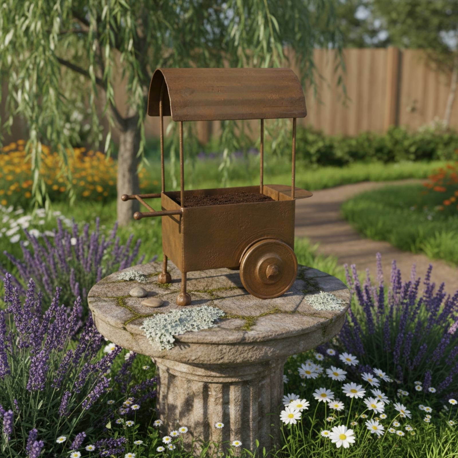 Distressed Metal Wagon Planter Arched Top Flower Wagon Small Size