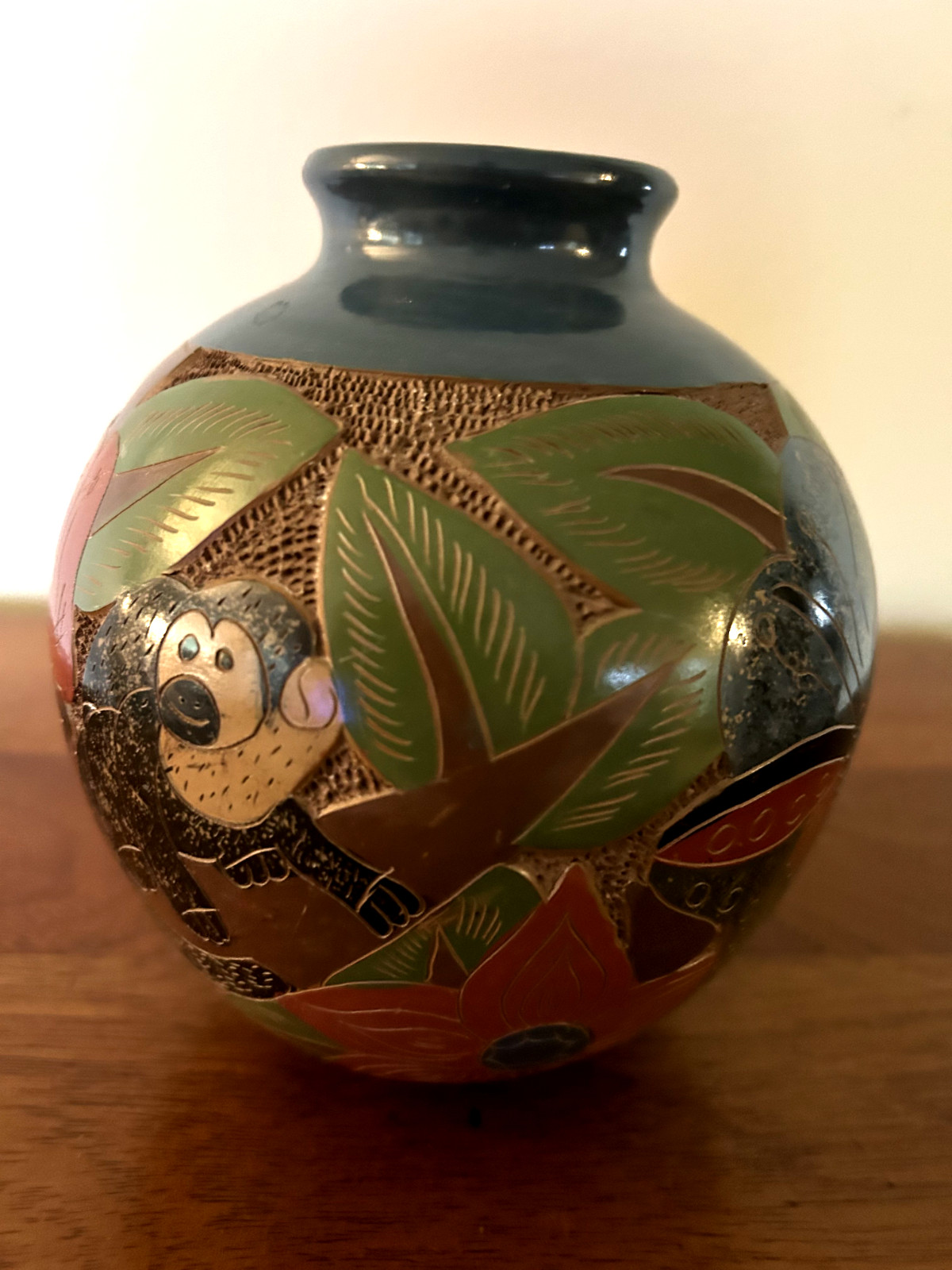 Handmade Nicaraguan Redware Pottery Vase with Animal and Nature Imagery 8.5″x9″
