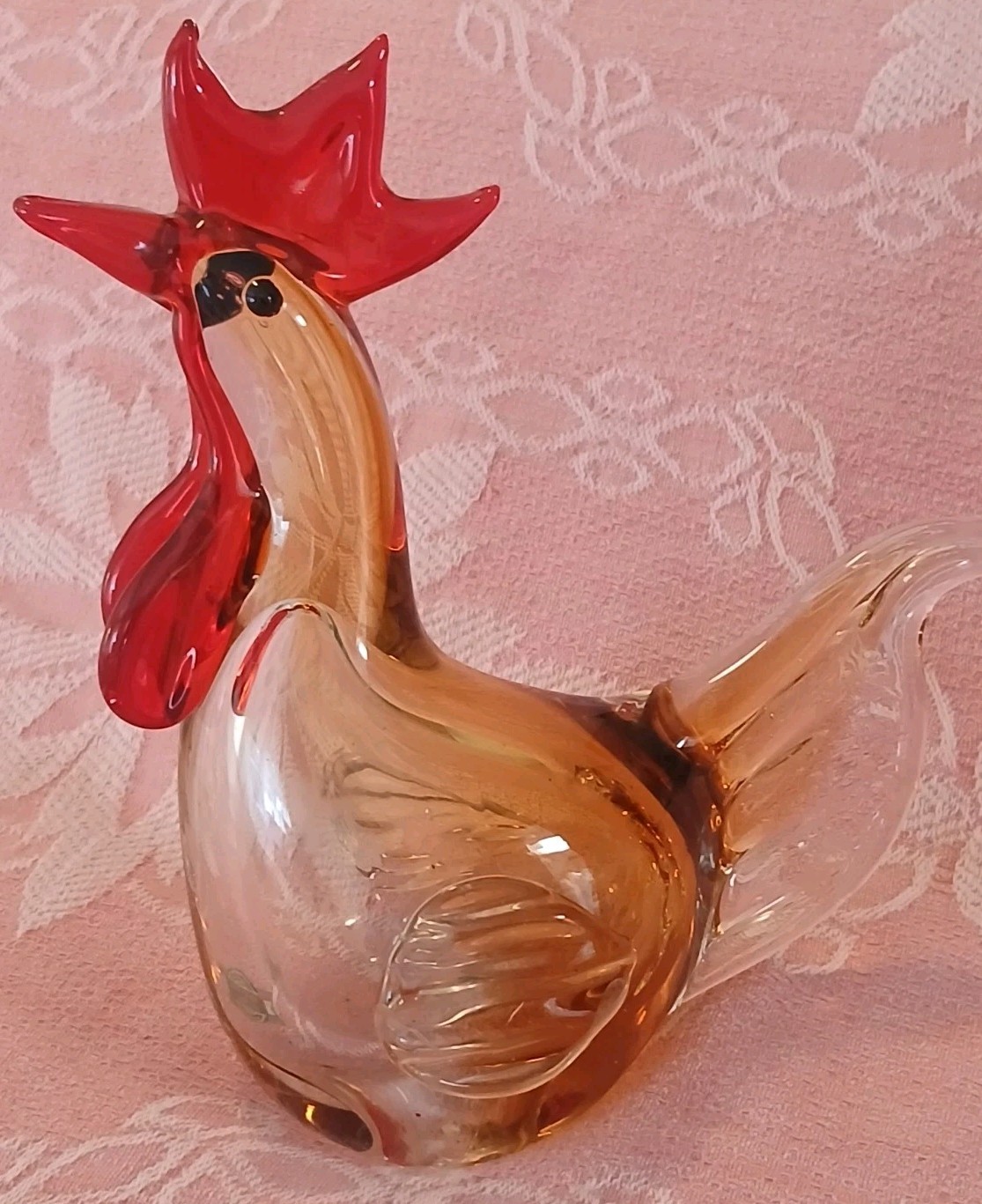 Murano Style Hand Blown Glass 8″ Rooster Figure Clear, Gold & Red Colors New