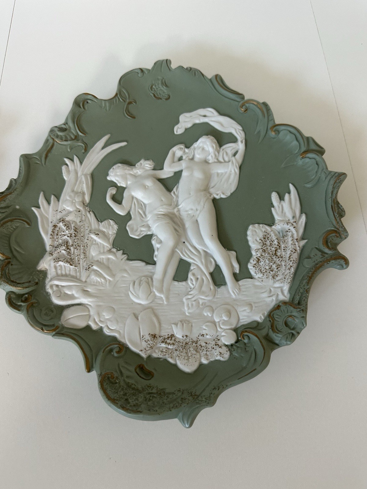 Set of 2 Green Jasperware Wall Plaque Neoclassical Wedgwood Style Relief Figures