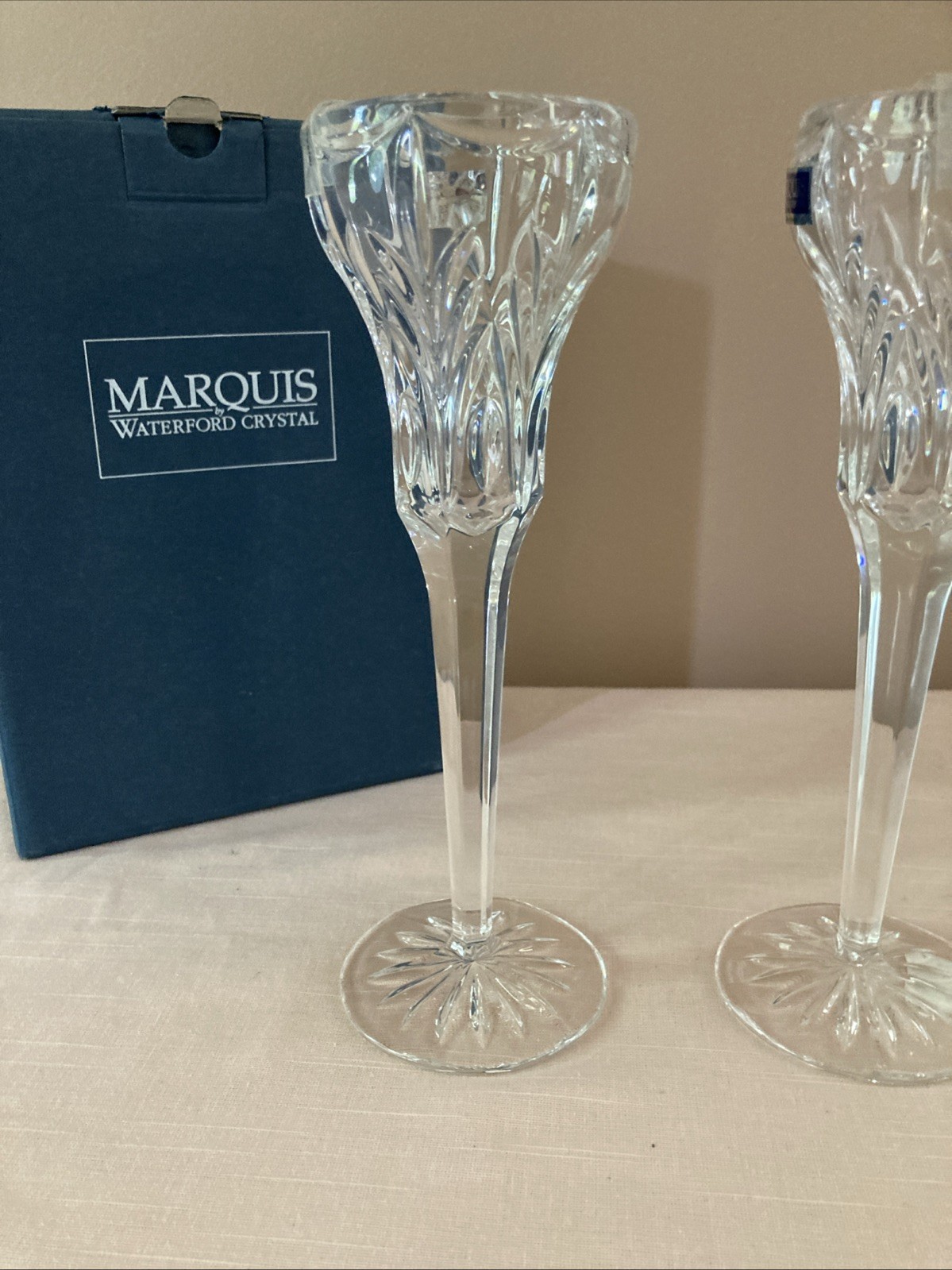 Set of Marquis by Waterford Crystal Single Light Candlesticks Canterbury 8.25 in