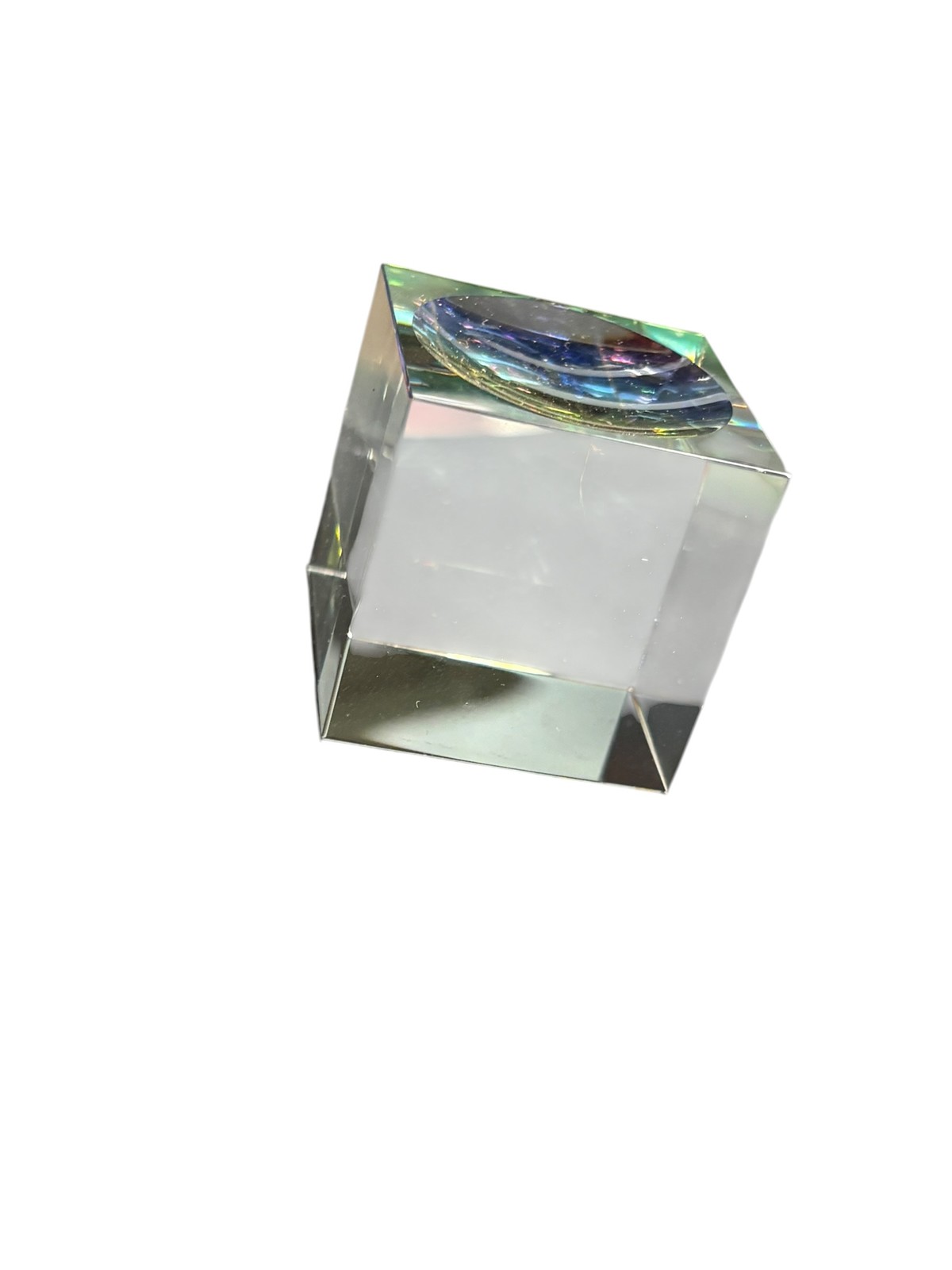 Modern Art Glass Dichroic Cube Paperweight Clear Iridescent Purple Pink Blue
