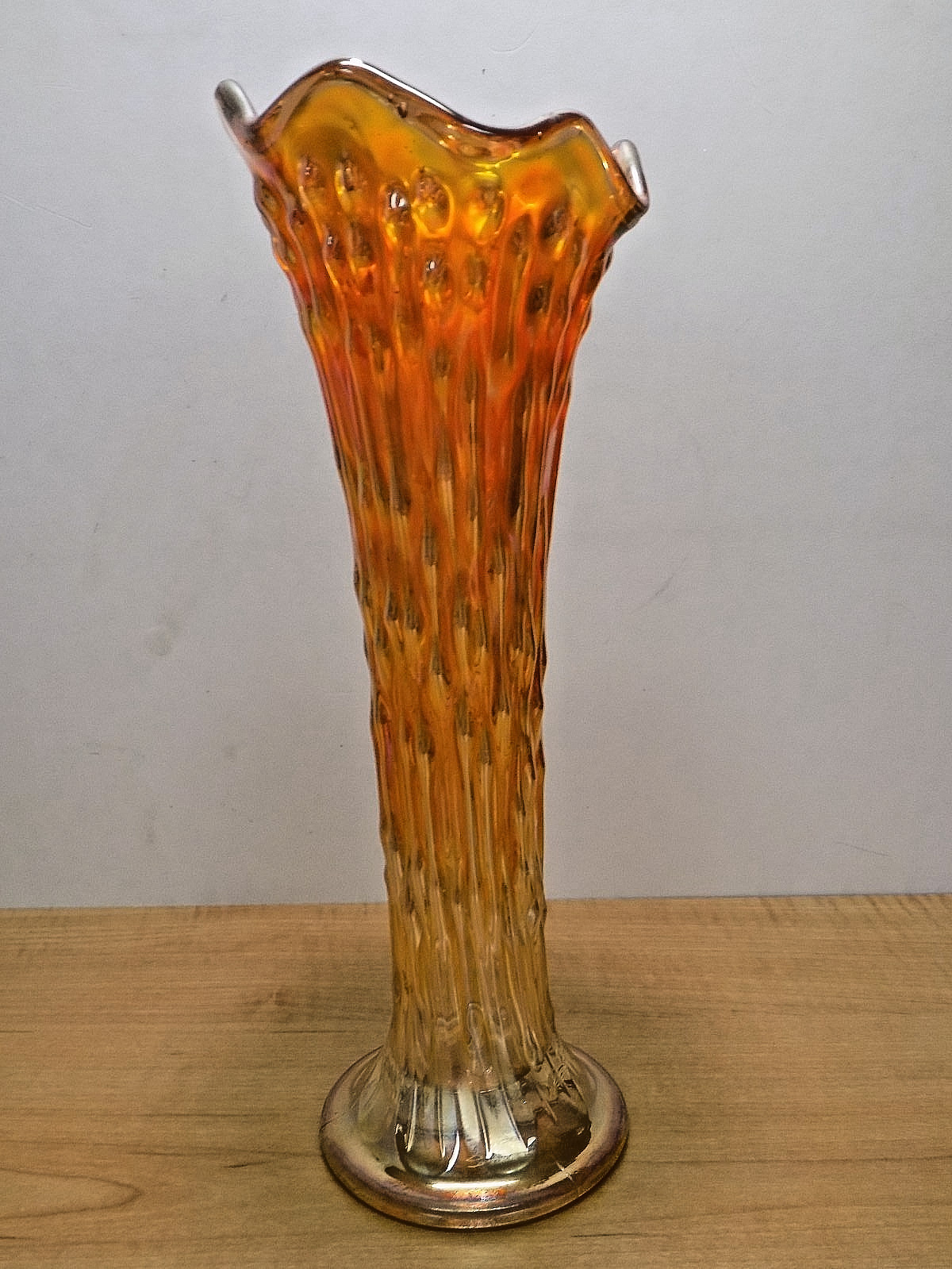 Fenton April Showers Marigold Iridescent Carnival Glass 11″ Ruffled Rim Vase