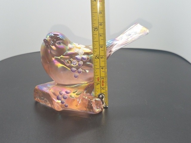 Fenton Pink Pearl Iridized Glass Bird on a Branch Hand Painted w Daisies+