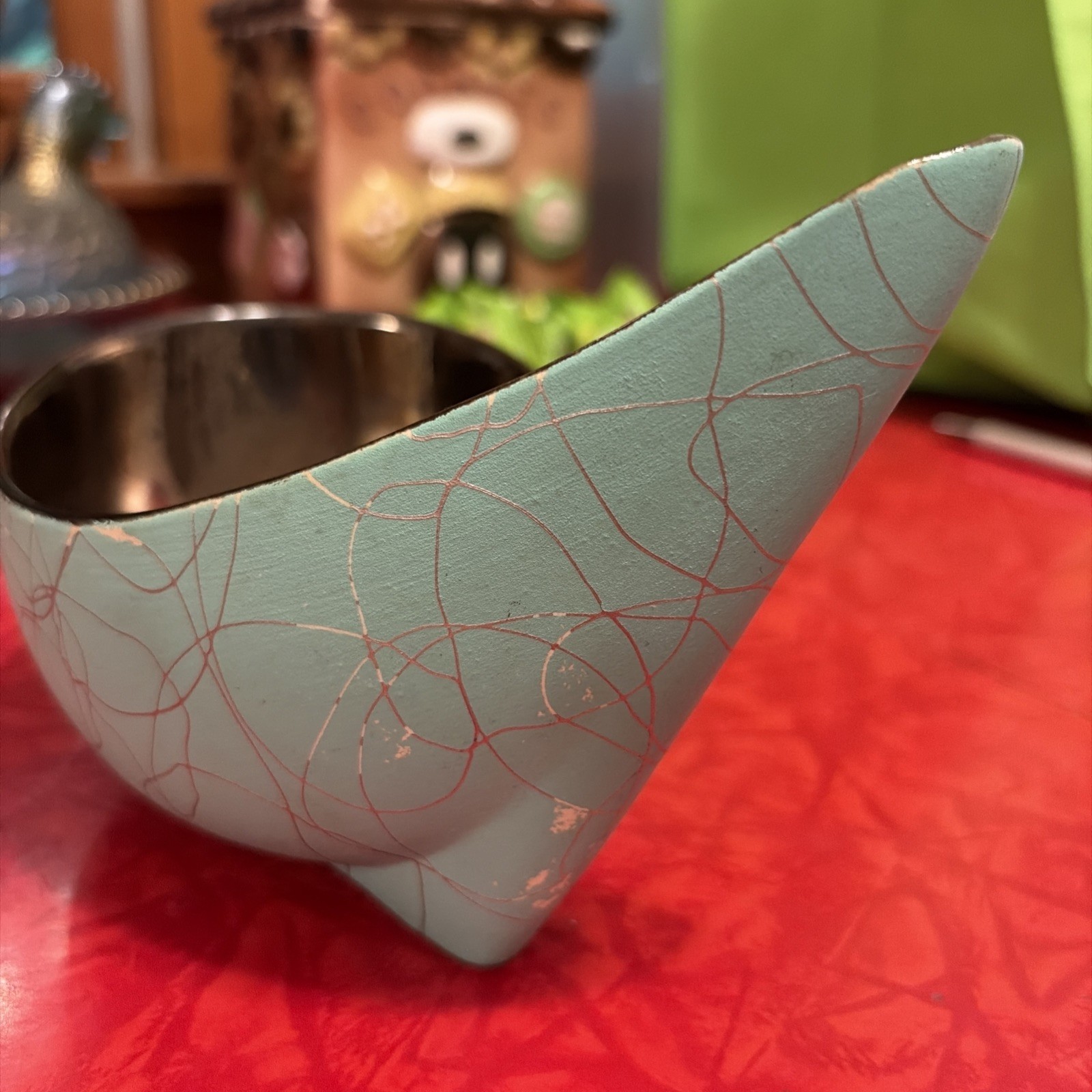 Vintage Shawnee Pottery Atomic Turquoise w/ Metallic Swirl & Copper #1007 MCM