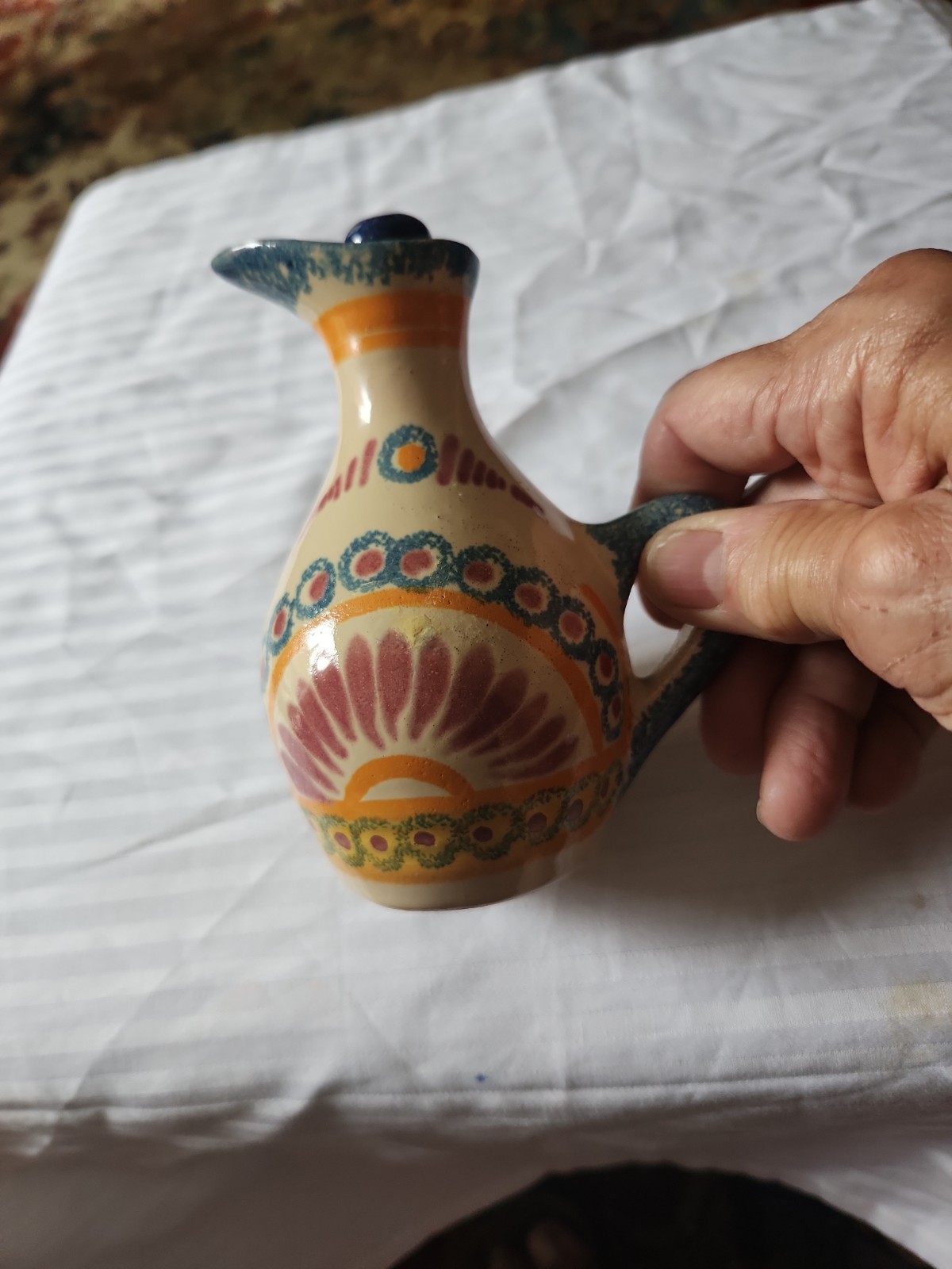 Vtg French “Henriot Quimper”Signed/Hand Painted “Faience” 5″ Tall Jug 1950/1960s
