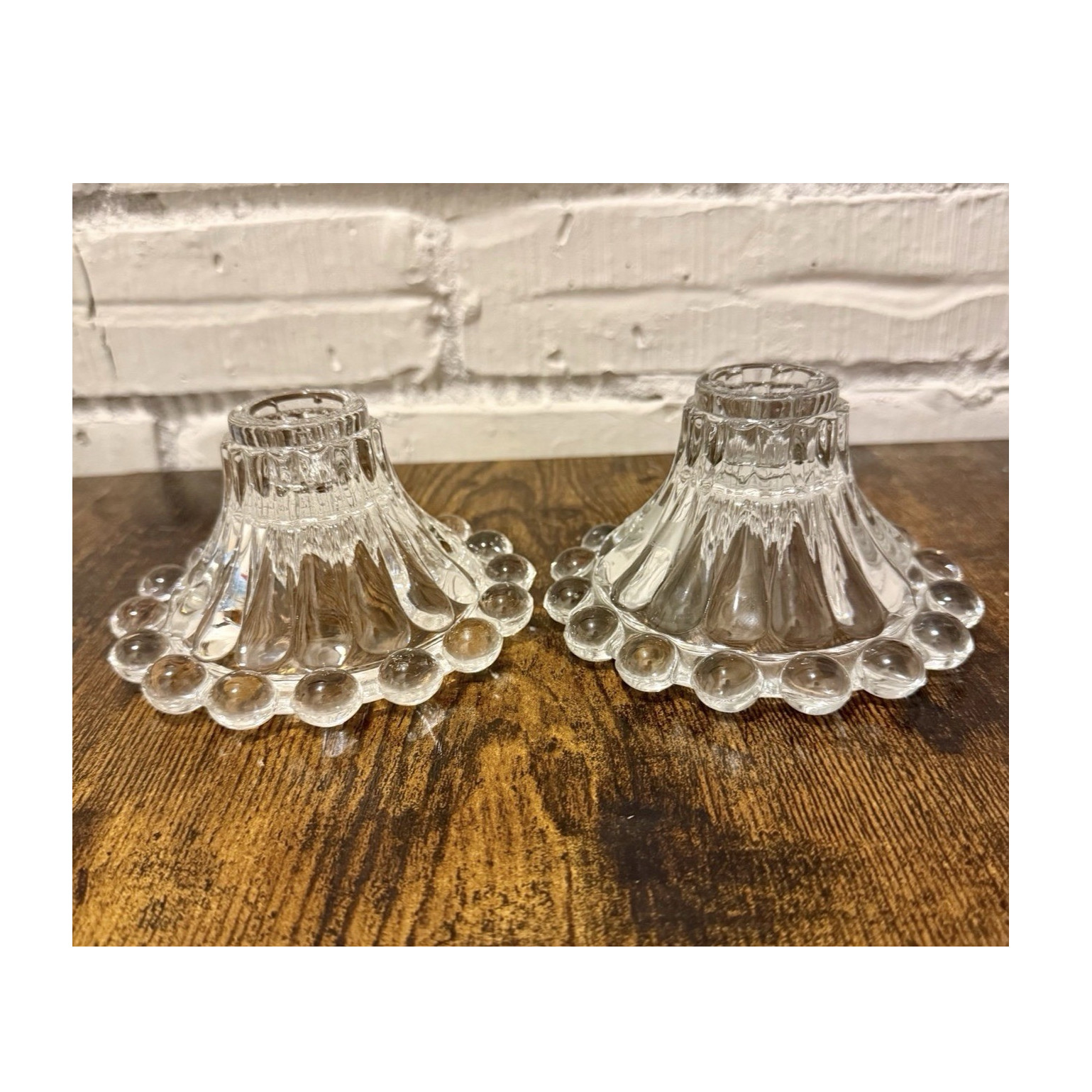 Set of 2 Clear Glass Beaded Edge Candle Holders, Decorative, Glossy Finish