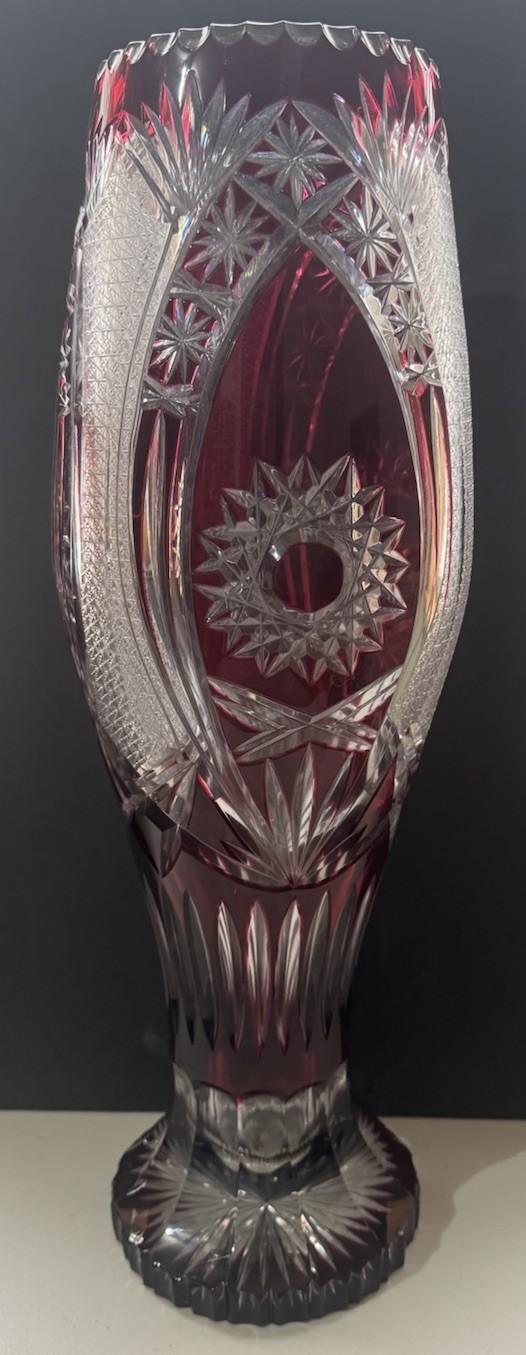 VINTAGE LAUSITZER GLAS RED CUT TO CLEAR BOHEMIAN 19 1/2″ VASE W TAG GERMANY 24%