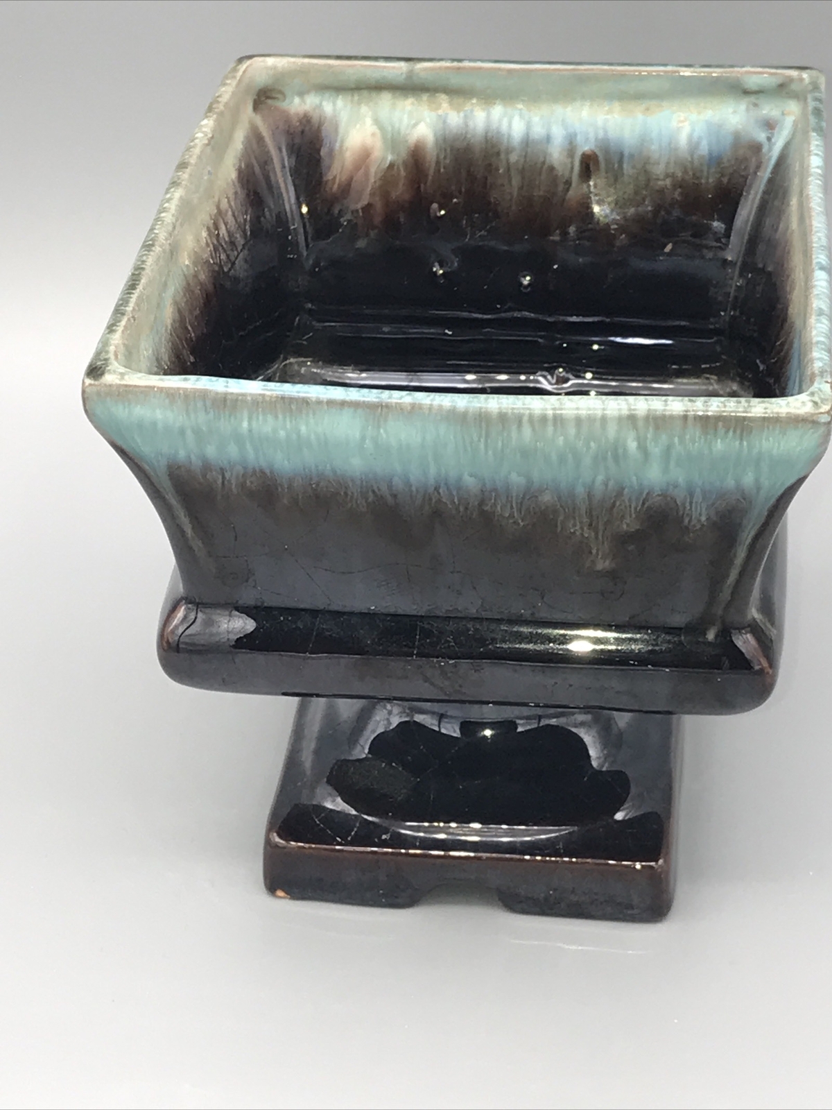Vintage Ceramic Pedestal Planter Brown w/Green Drip Rim Preowned 5.75×4.75”