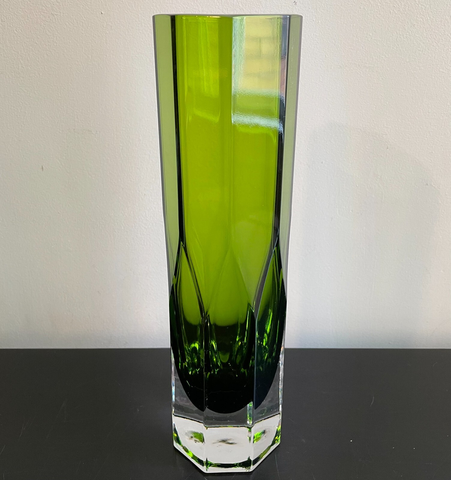 Green Faceted Glass Vase Lindshammar Sweden Designed by Gunnar Ander 10″ H