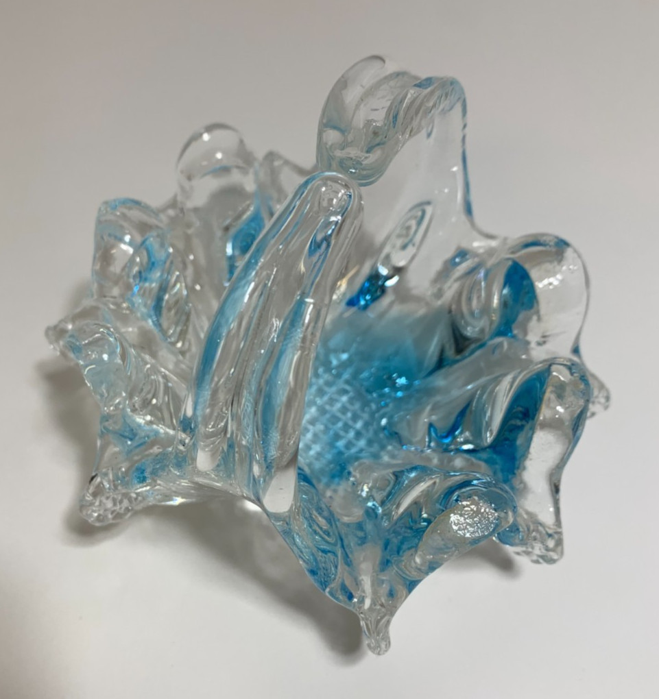 Vintage Chalet Art Glass Blue Basket Whimsy Split Handle Diamond Texture Base