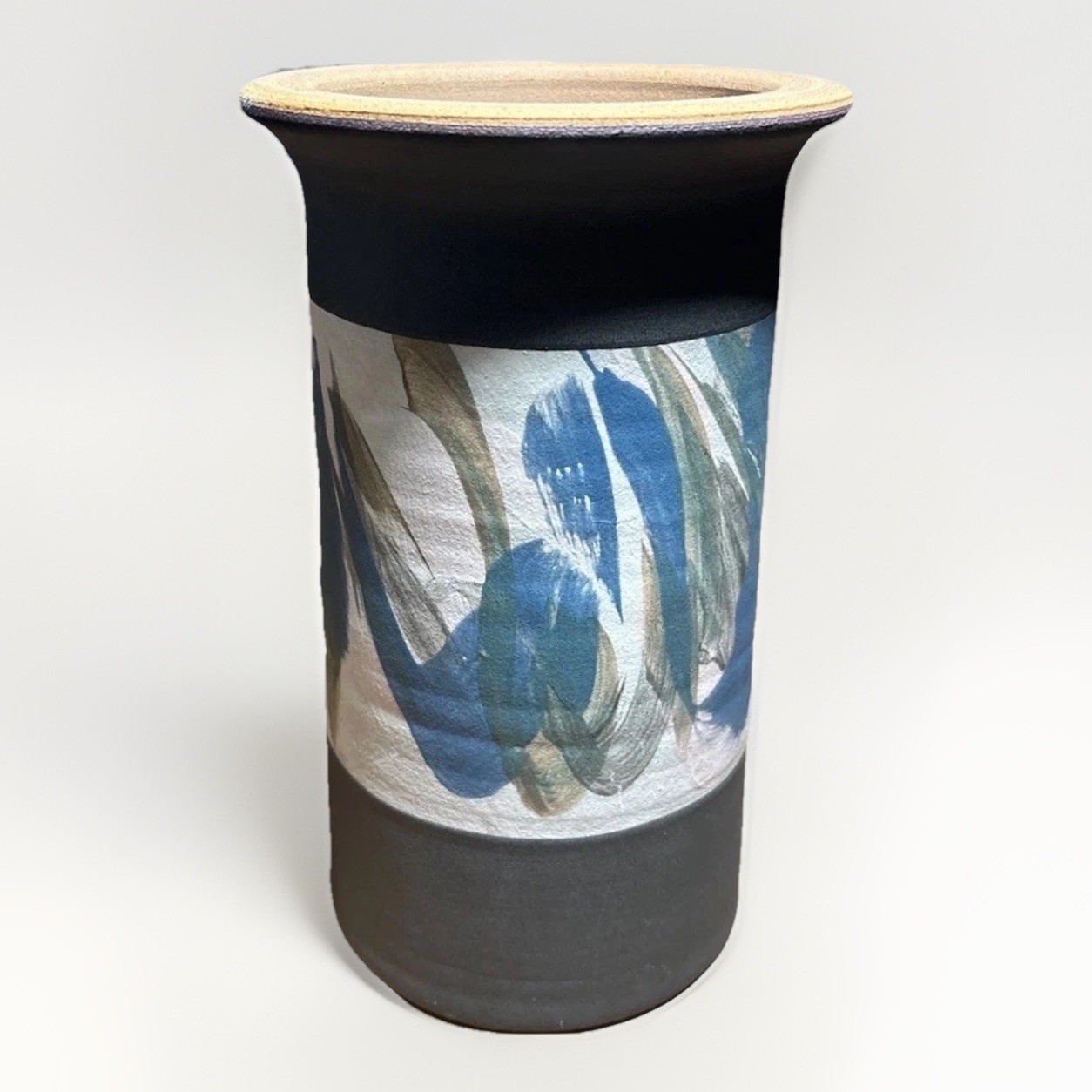 Signed Studio Pottery Vase Matte Charcoal Abstract Brushstroke 8”