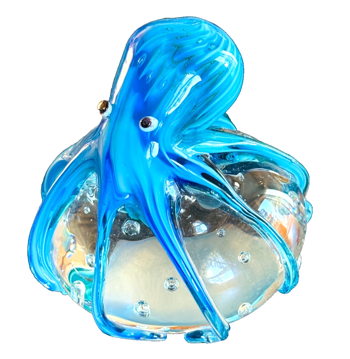 Hand Blown Glass Octopus Paperweight Blue Clear Figurine Murano Style Nautical