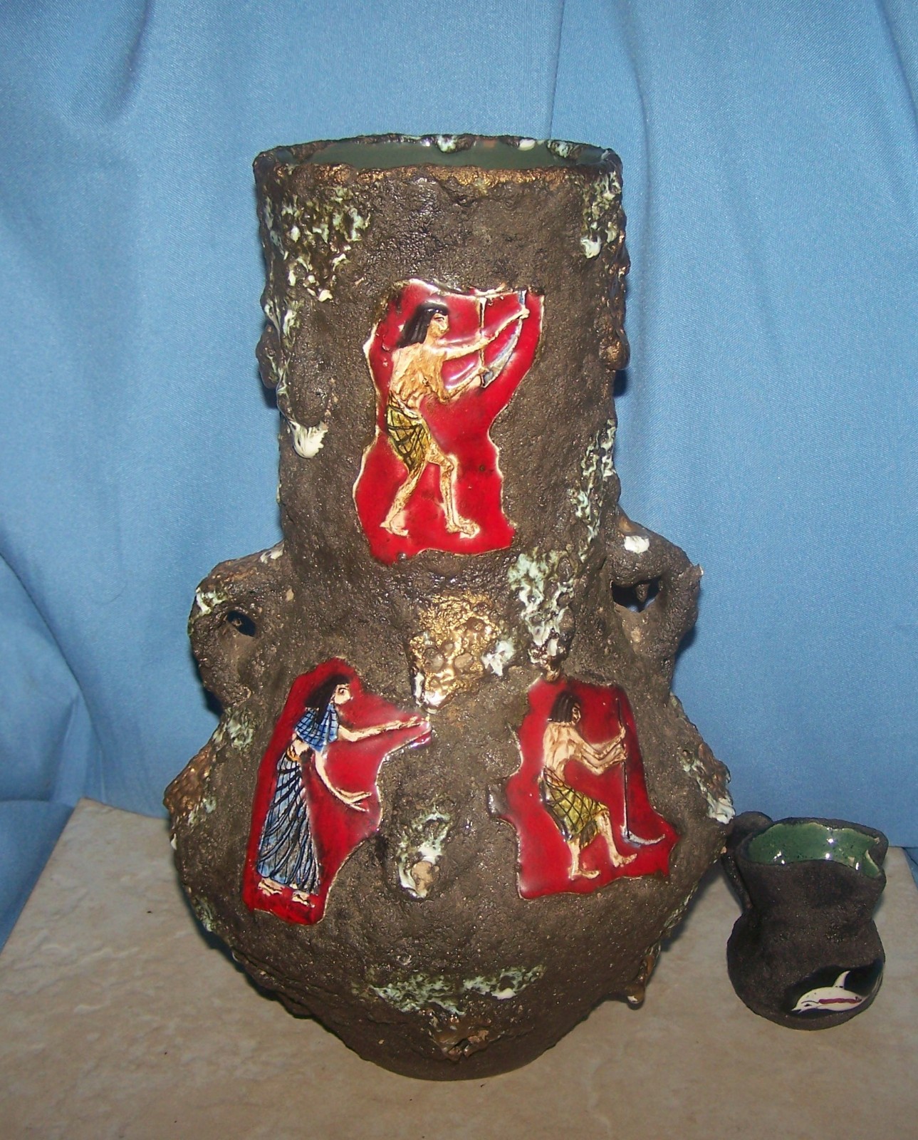 Huge ITALO CASINI Brutalist Volcanic Lava Glaze Pottery Vase Italy Egyptian MCM