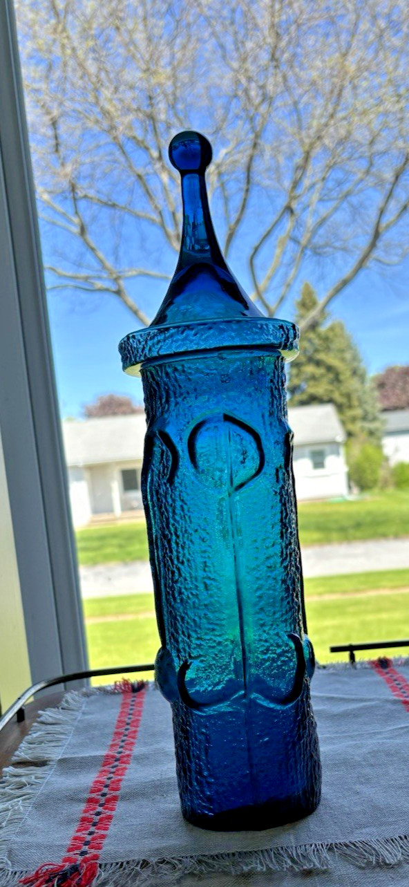 Vintage MCM Wayne Husted Blue Glass 14” Lidded Apothecary Jar Peacock Design