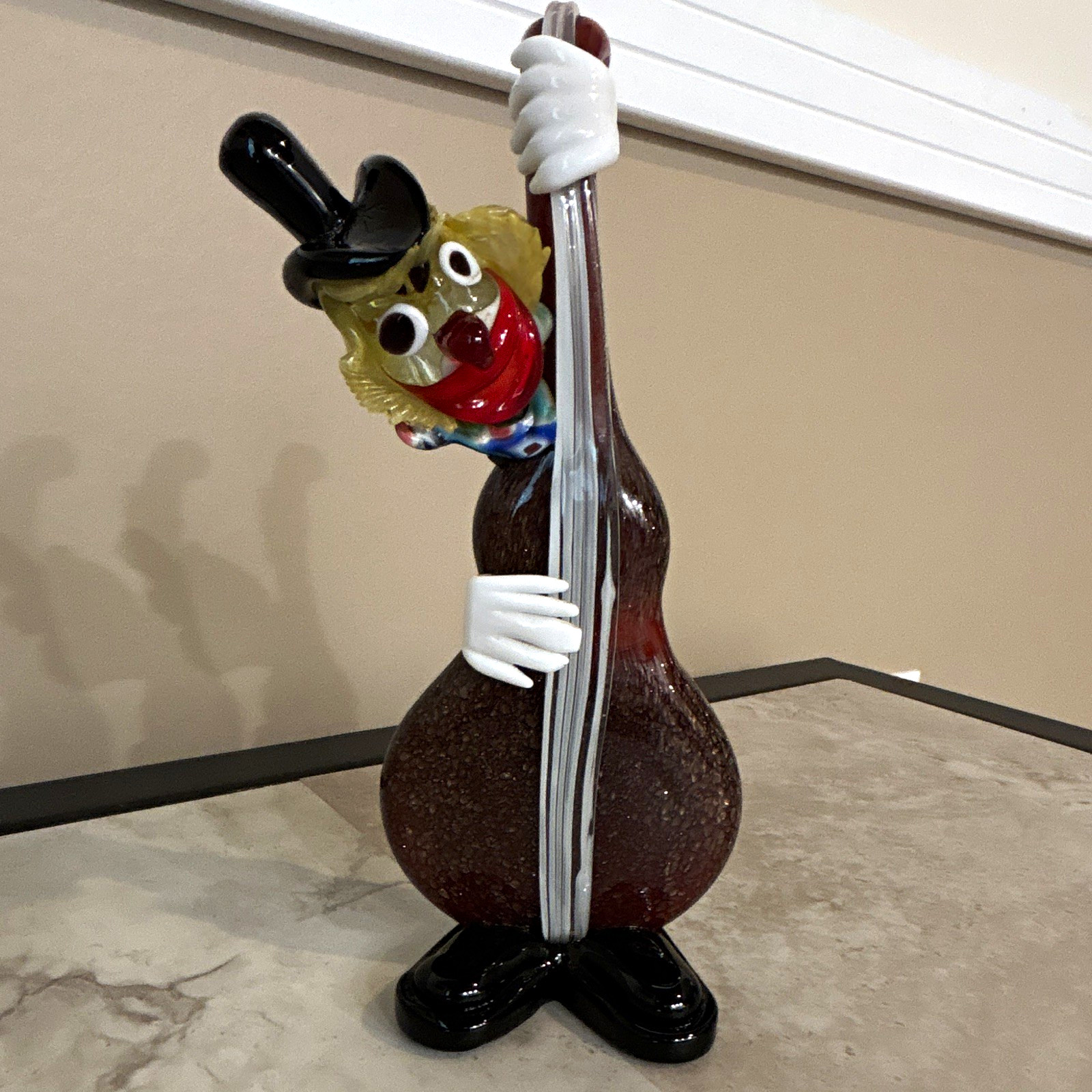 Unmarked Murano Art Glass Clown Figurine Playing Upright Bass, Glossy Multicolor