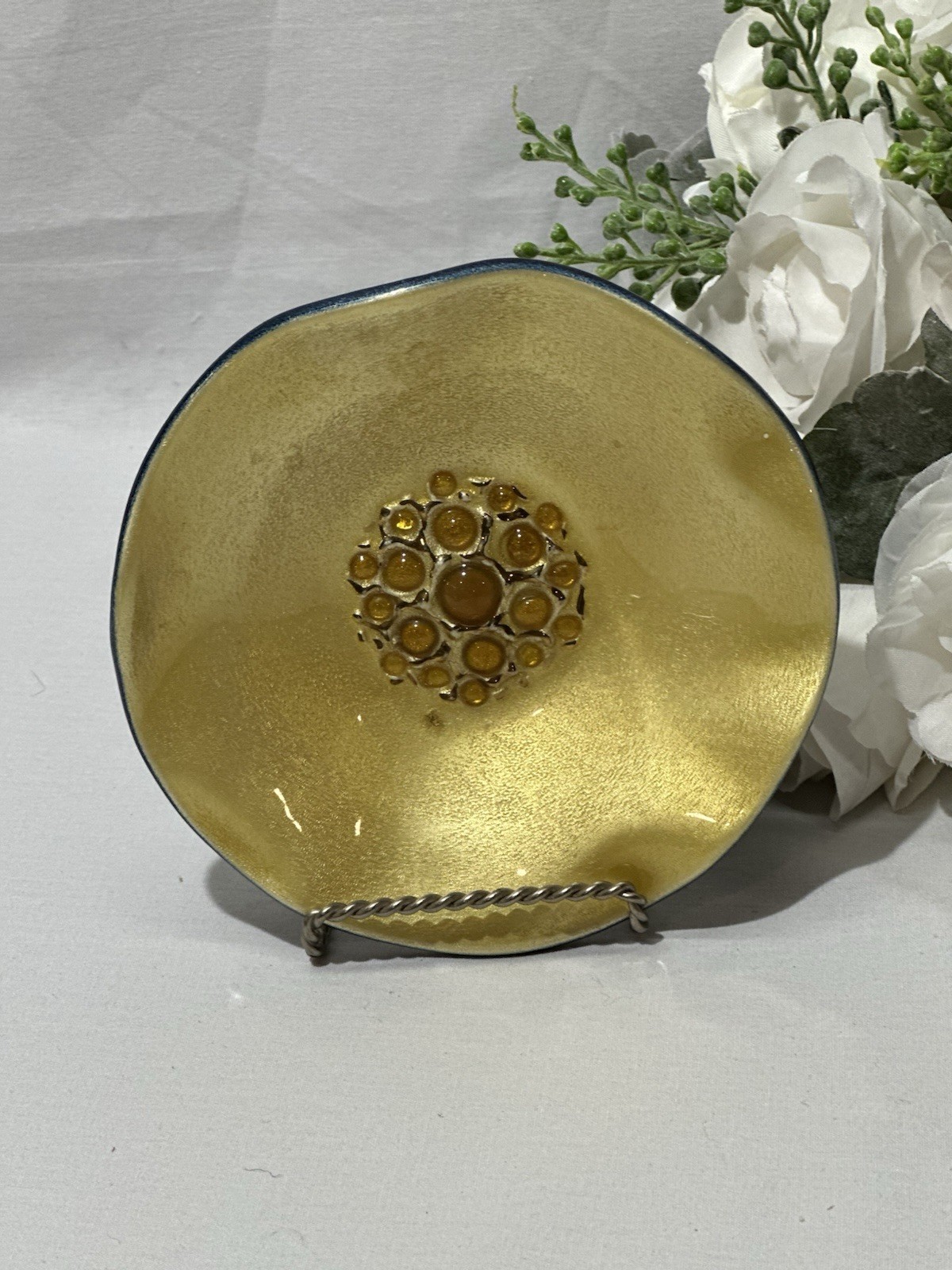 Vintage Evans Signed Yellow Bubble Jewel Enamel Bowl Ashtray Trinket Dish 5.75”