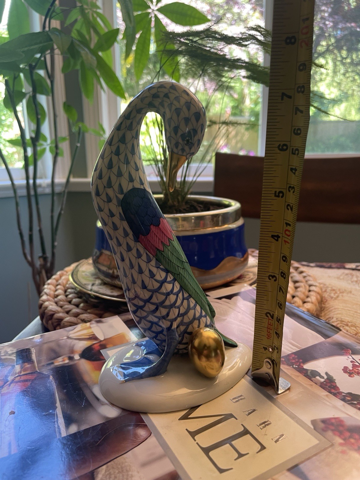 Herend Hungary Figurine Blue Fishnet Design Goose with Golden Egg 7.5”