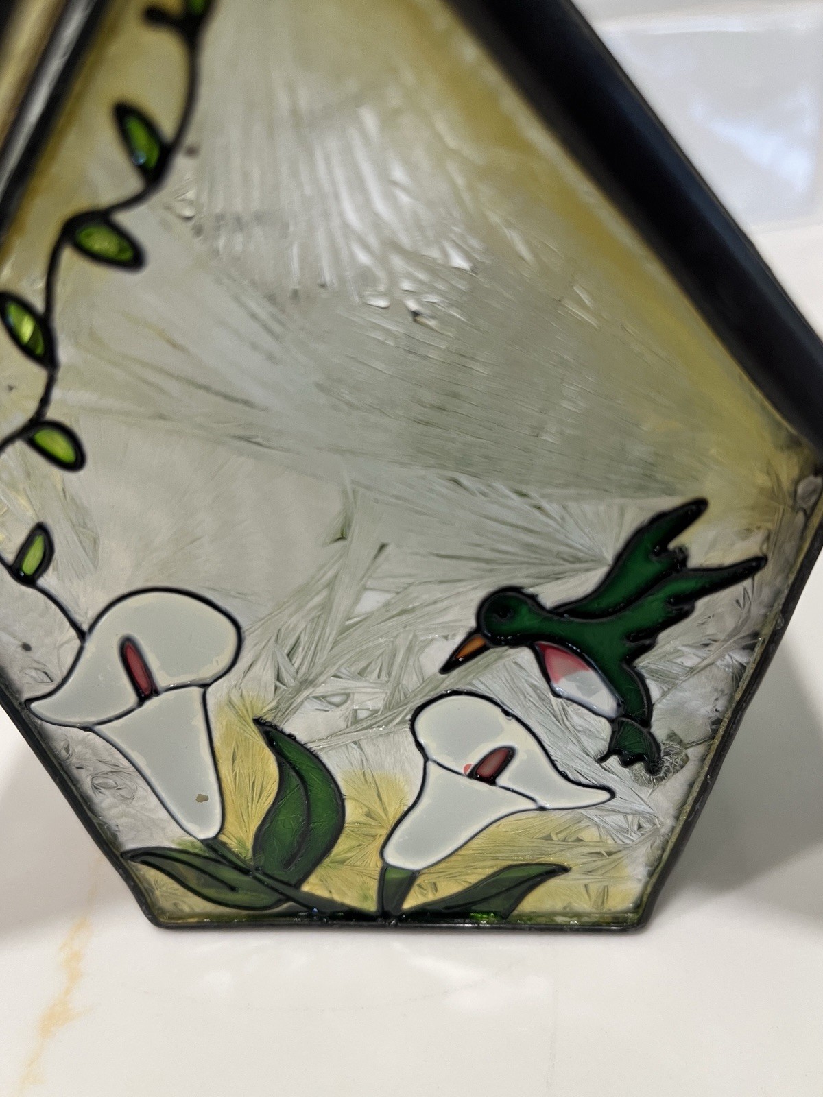 Painted Glass Birdhouse Suncatcher with Calla Lily & Humming Bird Motif