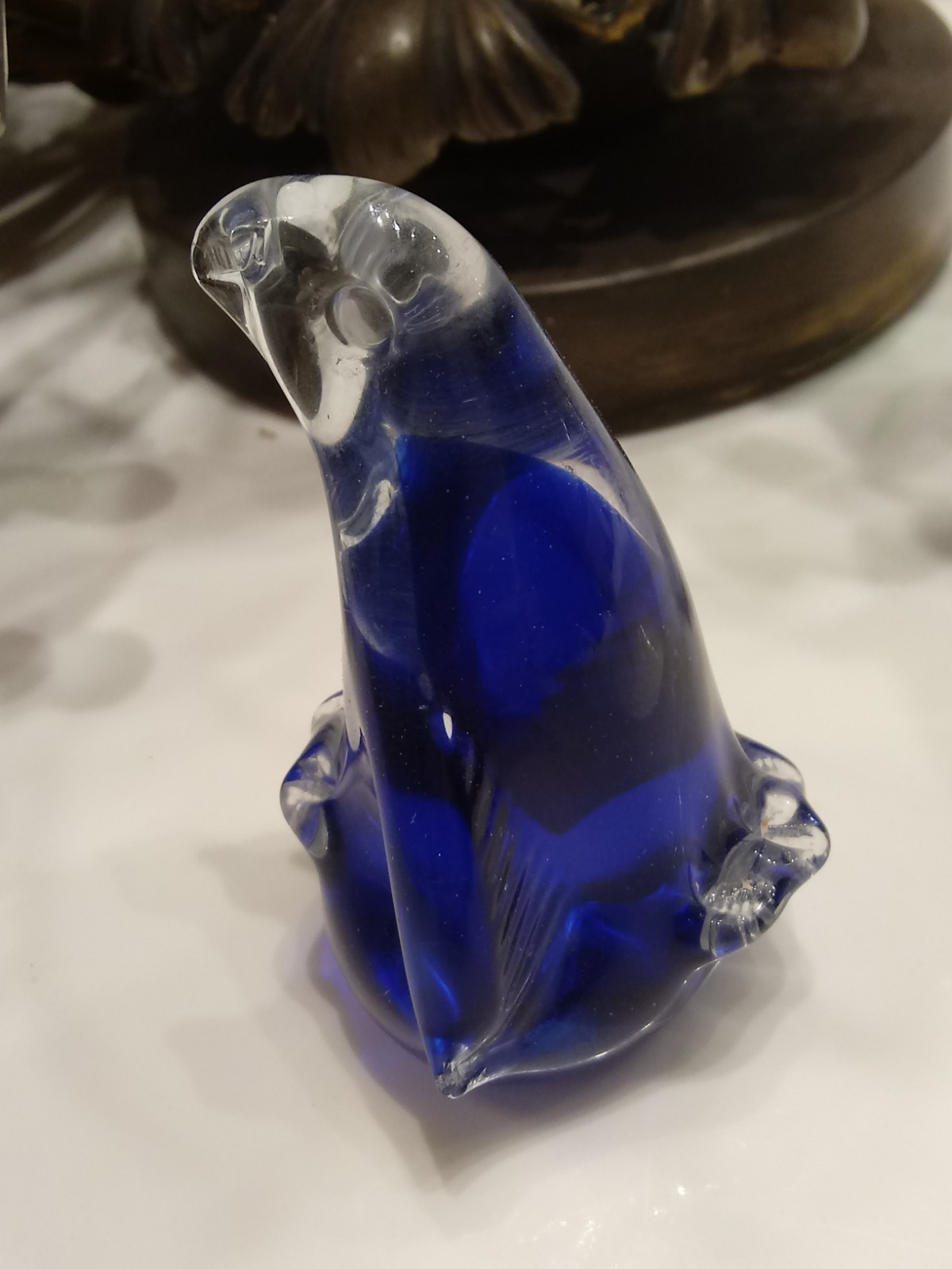 Vintage Murano Italy Bi Color Clear Cobalt Glass Penguin Figure 3 Inches Tall