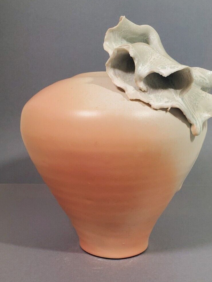 Studio Art Pottery Contemporary Vase Peach Ombre Glaze White Abstract Signed