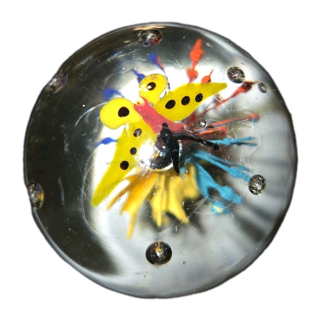 Vintage Paperweight Art Glass Coral & Butterfly Bubbles 1.5 Inches