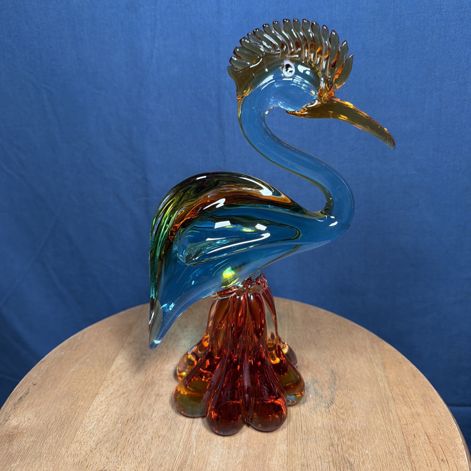 Vintage Murano Style Glass Heron Bird Green Amber Gold Crest 10”