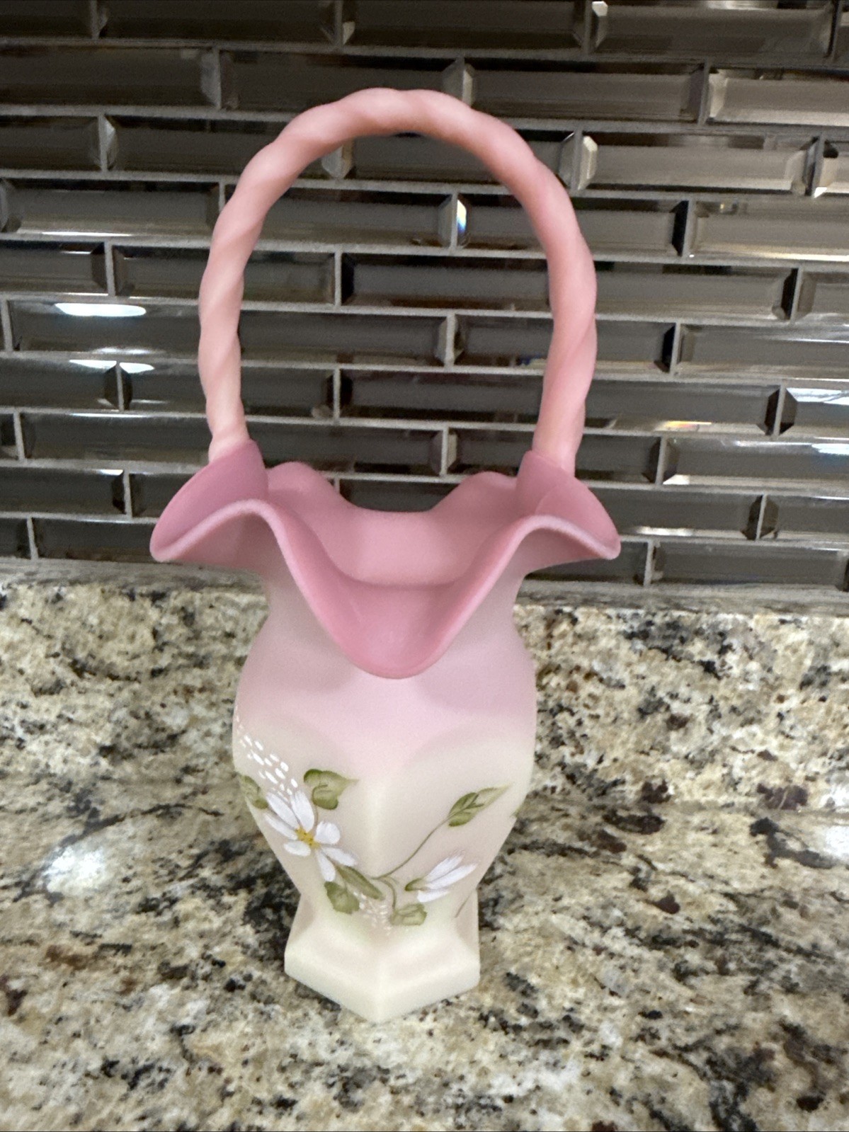 Fenton Lotus Mist m. Fleming Hand painted Signed Basket Vase With Handle
