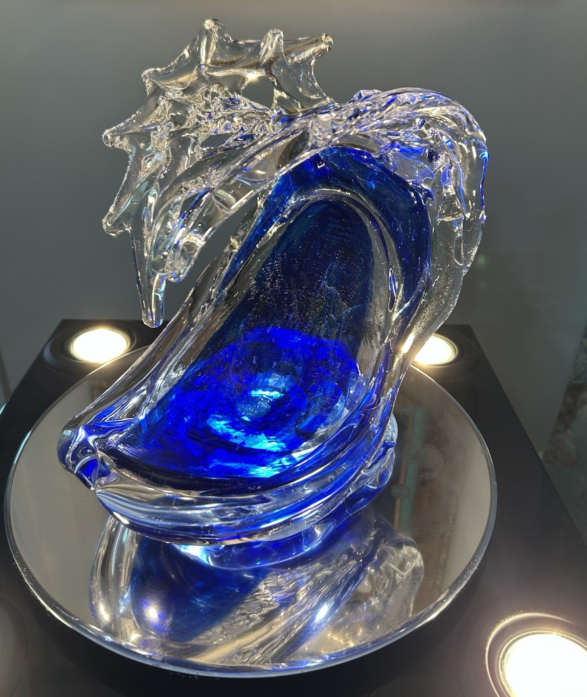 Blue & Clear Art Glass Wave Sculpture Decorative Accent Piece by David Wight