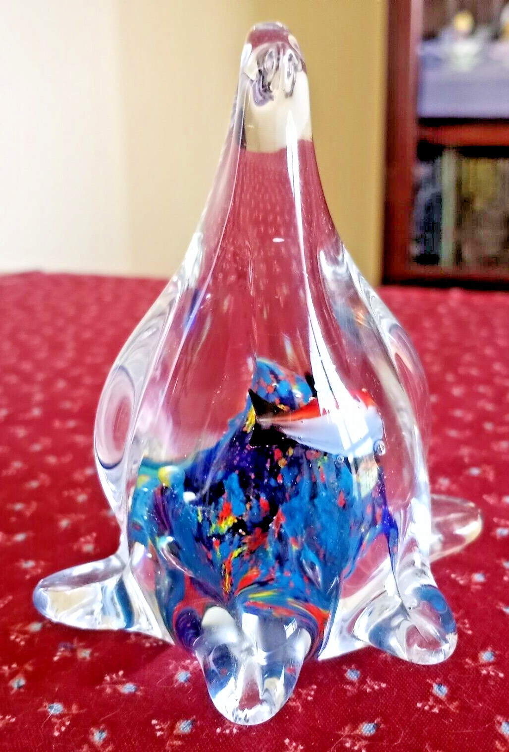 Art Glass Penquin Paperwieght With Seal Life Fish & Coral Figurine
