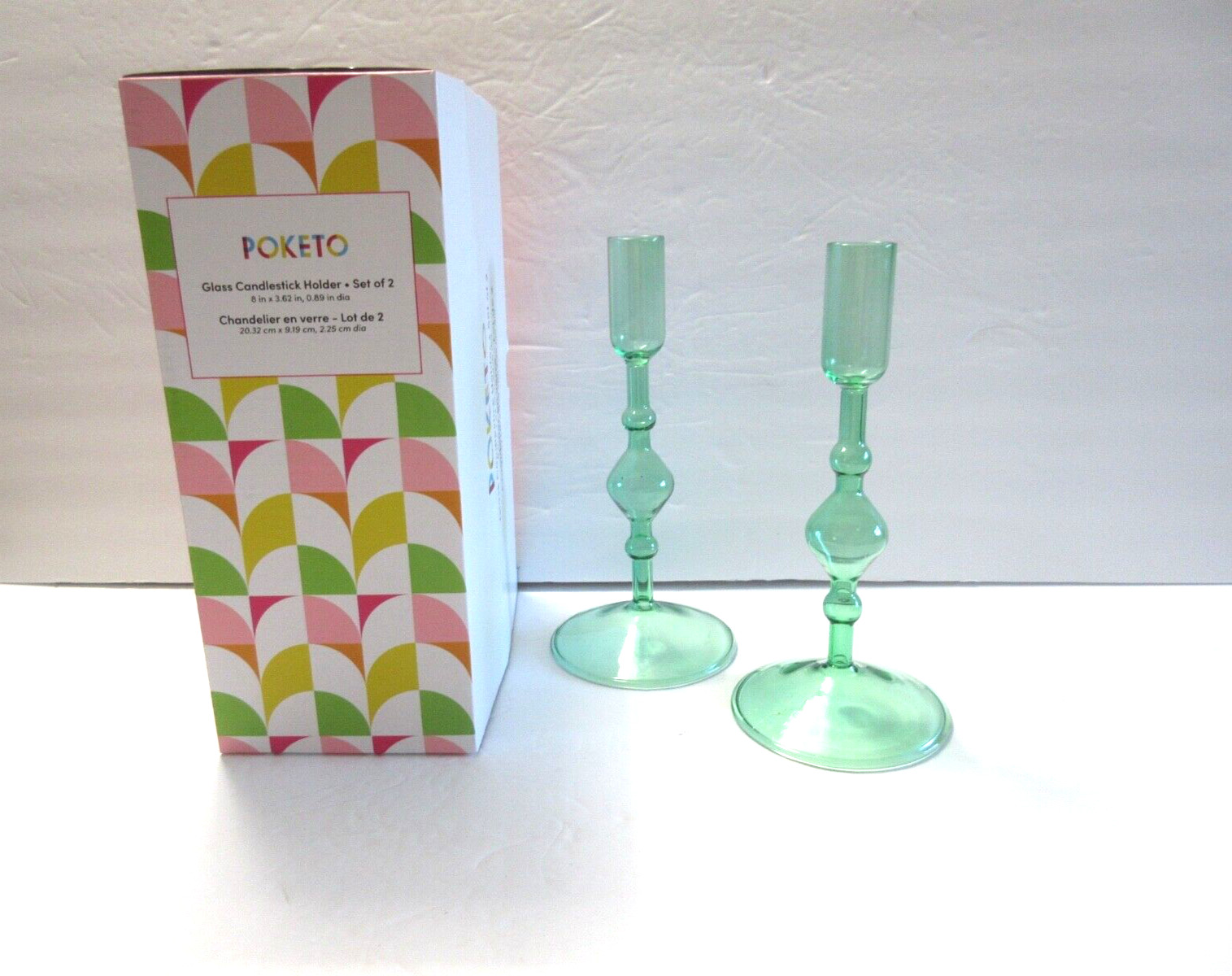 POKETO Glass Candlestick Holder Set of 2 – New in Box – Green